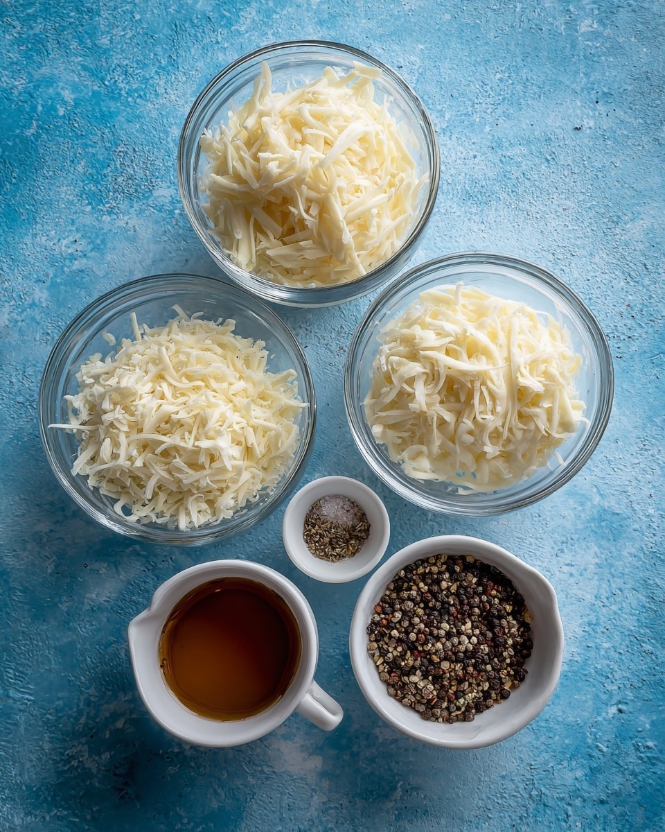 The image shows five small bowls on a blue surface. Three clear glass bowls at the top hold shredded white cheese, with the two bigger bowls on the left and right and a smaller bowl in the middle below them. Below these, there are two white bowls; the left one contains a brown liquid, and the right one holds mixed black pepper and salt. The bowls are neatly arranged in a triangular shape, with textures of shredded cheese detailed and the spices clearly visible. photo taken with an iphone --ar 4:5 --v 7