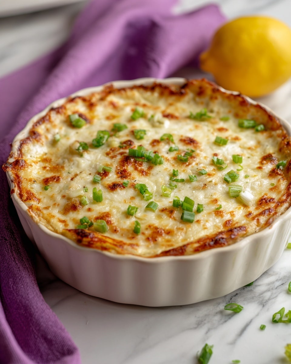 A round white dish holds a baked layered dish with a top layer of melted white cheese that is slightly browned in spots and sprinkled with small chopped green onions. The surface around the dish is a white marbled texture, and in the background, there is a purple cloth and a yellow lemon, creating a colorful setting. Photo taken with an iphone --ar 4:5 --v 7