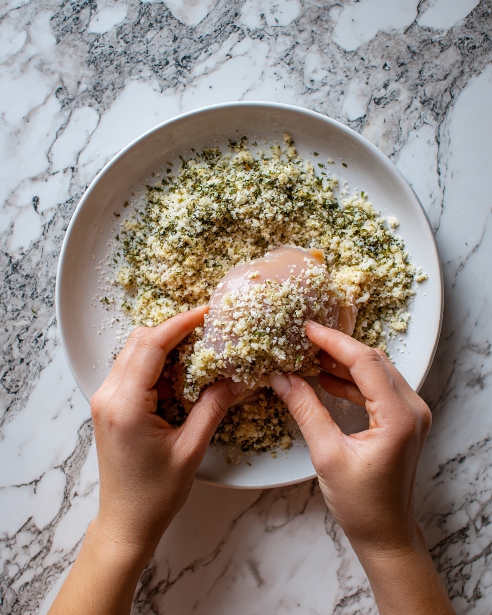 A white plate is filled with a rough, grainy mixture of white and green herbs and crumbs spread evenly across the surface. Two woman's hands are holding a raw, light pink chicken piece with a slightly shiny, wet texture, partially coated with small white granules. The plate sits on a white marbled surface with gray and black spots. The woman's hands are positioned at opposite sides of the chicken piece, gently pressing it into the crumb mixture. photo taken with an iphone --ar 4:5 --v 7