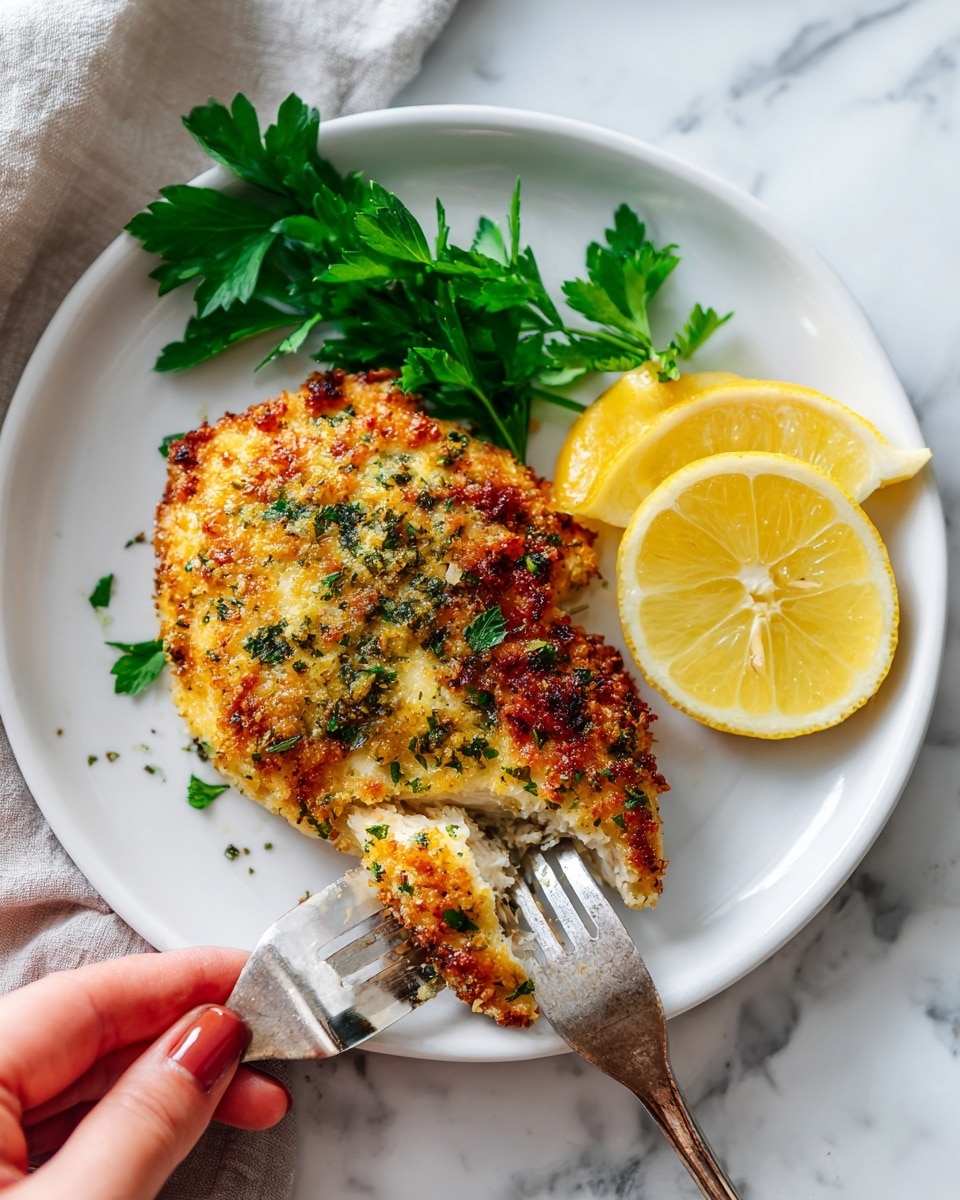 A white plate on a white marbled surface holds a single piece of golden brown, crispy baked chicken covered in a herb crust with green parsley flakes on top. On the top right of the plate, there are two thick wedges of bright yellow lemon. On the upper left side of the plate, there is a small bunch of fresh green parsley. A woman's hand is seen at the bottom holding a fork and knife, slicing into the chicken. Photo taken with an iphone --ar 4:5 --v 7