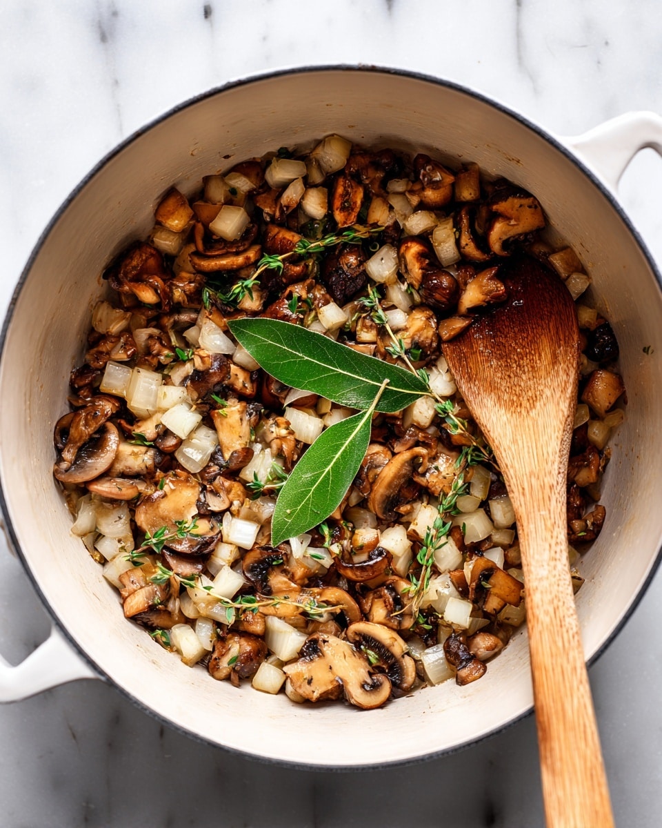 Inside a white pot, there is a mix of diced onions and sliced brown mushrooms, all cooked to a soft texture with some brown edges. A couple of green bay leaves sit on top in the middle, and small green herbs are sprinkled throughout. A wooden spoon with a smooth surface is resting inside the pot on the right side, partially stirring the vegetables. The pot is set on a white marbled surface photo taken with an iphone --ar 4:5 --v 7