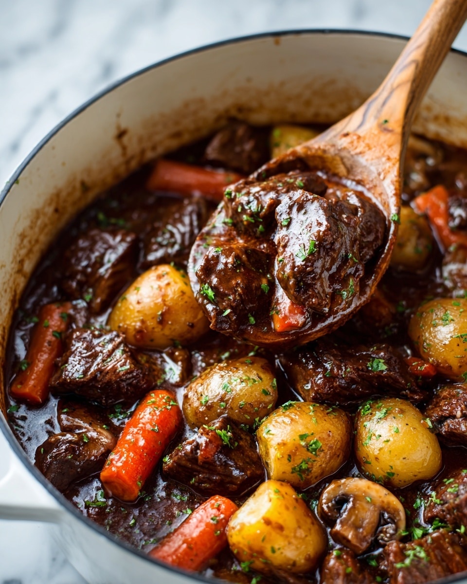 The image shows a rich beef stew in a white pot with tender dark brown beef chunks, golden baby potatoes, bright orange carrot slices, and light brown mushroom halves all soaked in a thick glossy brown sauce. The dish is sprinkled with small green parsley pieces for color. A wooden spoon is scooping some of the stew, showing the chunky ingredients and the shine of the sauce. The background is white marble. photo taken with an iphone --ar 4:5 --v 7