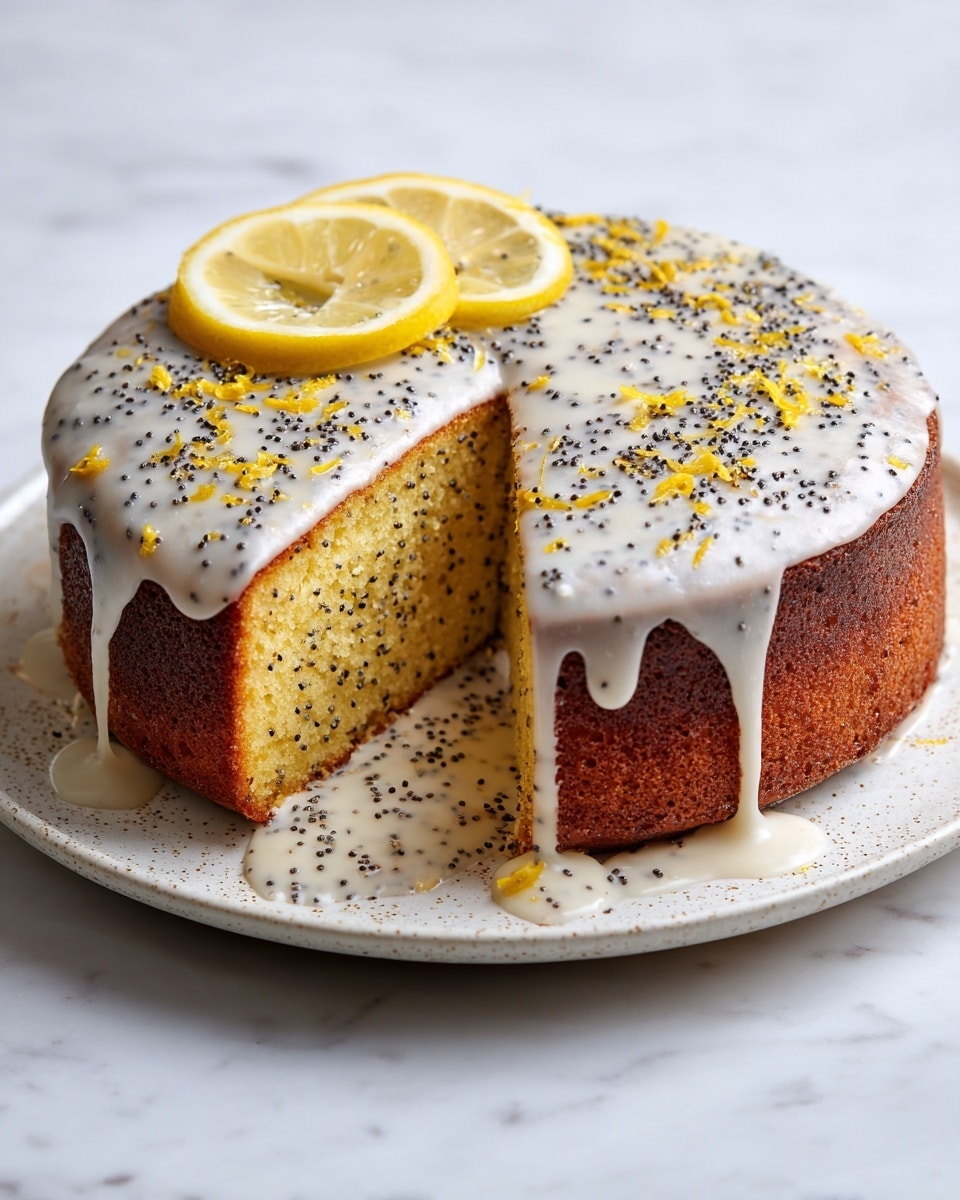A round poppy seed cake with a golden brown crust is shown with a slice removed, revealing a light yellow inside full of small black poppy seeds. The cake has a thick, white glaze dripping down the sides, sprinkled with black poppy seeds and yellow lemon zest on top. Two thin lemon slices rest on the cake's top edge. The cake sits on a white plate with light speckles, placed on a white marbled surface. photo taken with an iphone --ar 4:5 --v 7