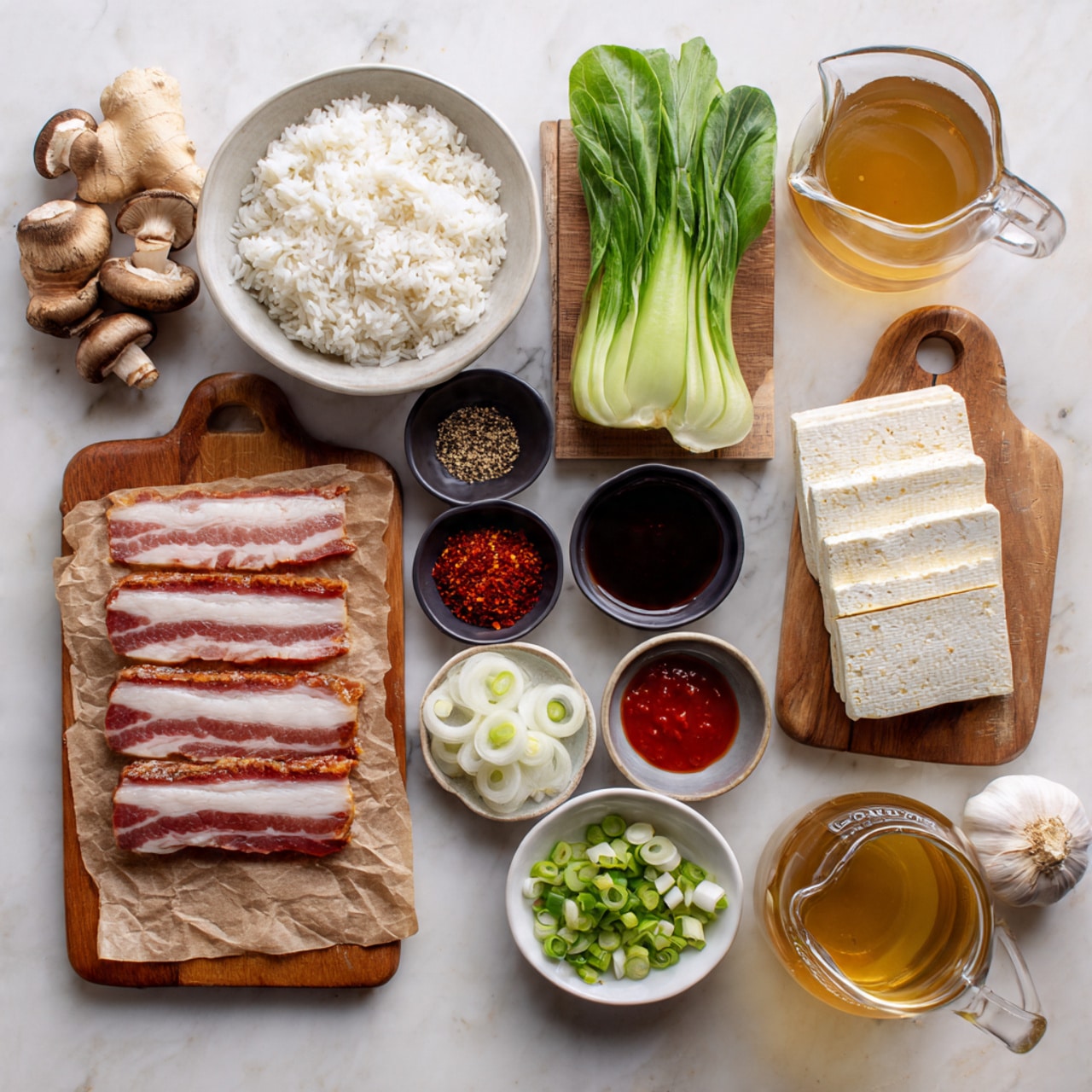 The image shows an organized top view of ingredients for a meal, placed on a white marbled surface. On the left, a white bowl filled with cooked white rice sits above several slices of raw pork belly laid on brown paper, with small black dishes of red chili powder and black pepper nearby. In the center, a wooden board holds sliced mushrooms at the top left, fresh green bok choy in the middle, and four thick rectangular slices of tofu stacked vertically on the right. Below these are sliced green onions, a small bowl of soy sauce, a bowl of light-colored oil, and a pile of thin white onion slices. On the right side of the board is a bulb of garlic, a piece of ginger, and a small bowl with honey, along with a clear glass pitcher filled with light brown broth and two small bowls containing red chili sauce and a bright red spicy sauce. Photo taken with an iphone --ar 4:5 --v 7