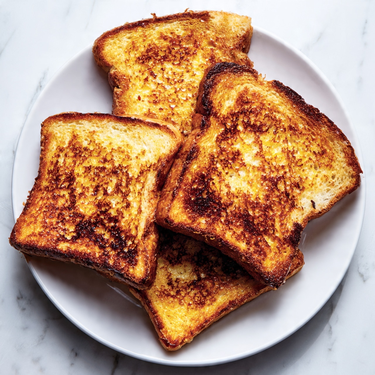 The image shows a white plate with four pieces of golden-brown toast stacked closely, each piece having a slightly rough and crisp texture with darker toasted spots and edges. The toast looks thick and fluffy, with a mix of bright yellow and brown tones, indicating it was cooked well. The plate sits on a white marbled surface, adding a clean and elegant background to the warm-colored toast. photo taken with an iphone --ar 4:5 --v 7