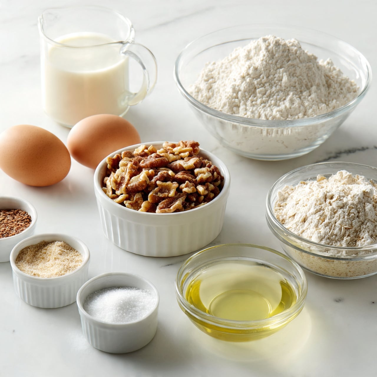 A group of baking ingredients is shown on a white marbled surface in separate white bowls and clear glass containers. There are two brown eggs in the background next to a large clear glass bowl filled with white flour. To the left, a white bowl holds a mix of oats and nuts. In the front, from left to right, small white bowls contain salt and baking powder, a white cup holds a light brown liquid, and a clear glass bowl is filled with a pale yellow liquid, possibly oil. A clear glass measuring cup filled with milk is also present in the upper left part of the image. The scene is bright and clean, with each ingredient clearly visible and neatly arranged. Photo taken with an iphone  1:1