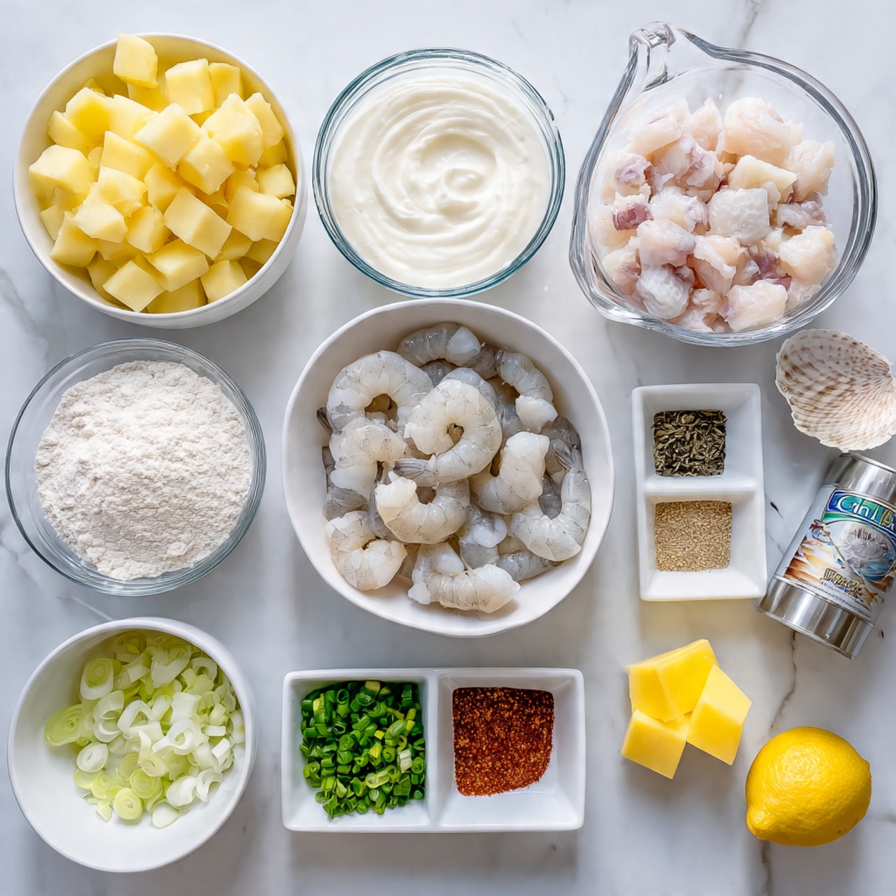 The image shows a white marbled surface with several clear and white bowls arranged neatly. The top left bowl holds pale yellow diced potatoes, next to it on the right is a white bowl filled with white and pink chopped fish pieces. Below the potatoes is a clear measuring cup filled with white cream. In the center is a white bowl with six raw shrimp, mostly white with pale pink edges. To the right of the shrimp, a white bowl holds a small square of yellow butter. At the bottom left, a small white bowl is filled with chopped white onions, next to it a small white bowl contains chopped green peppers. Below the onions and peppers, a metal measuring cup holds white flour. On the right, three small white square dishes contain red spice powder, mixed black and white salt and pepper, and chopped green herbs. At the bottom right is a bright yellow lemon. A can of clams sits behind the butter bowl on the right. The whole setup is clean, bright, and arranged for easy viewing. photo taken with an iphone --ar 4:5 --v 7