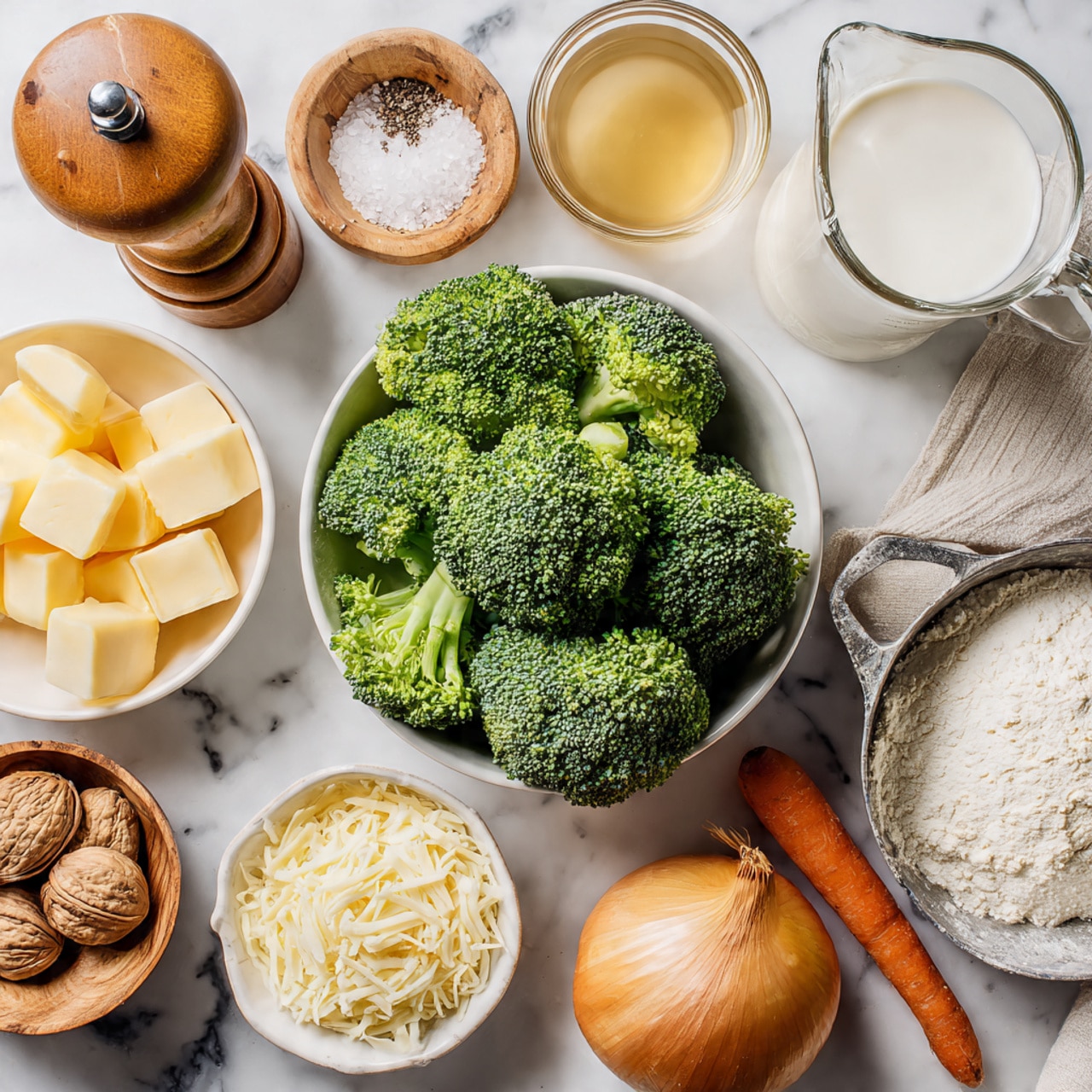The image shows a white bowl filled with fresh green broccoli florets in the center on a white marbled background. Around it, there is a small wooden bowl with salt, a wooden pepper grinder, a clear glass measuring cup with light brown broth, and another clear glass measuring cup with white milk. Below them, a white bowl holds several cubes of yellow butter. To the right, a bright orange carrot rests next to a whole yellow onion with brown skin. Below the onion, a small white bowl contains a whole nutmeg. Next to it is a clear bowl full of shredded white cheese. Finally, there is a metal measuring cup filled with white flour with a wooden handle, lying next to a slightly crumpled white cloth. No woman's hand is visible in the image photo taken with an iphone --ar 1:1