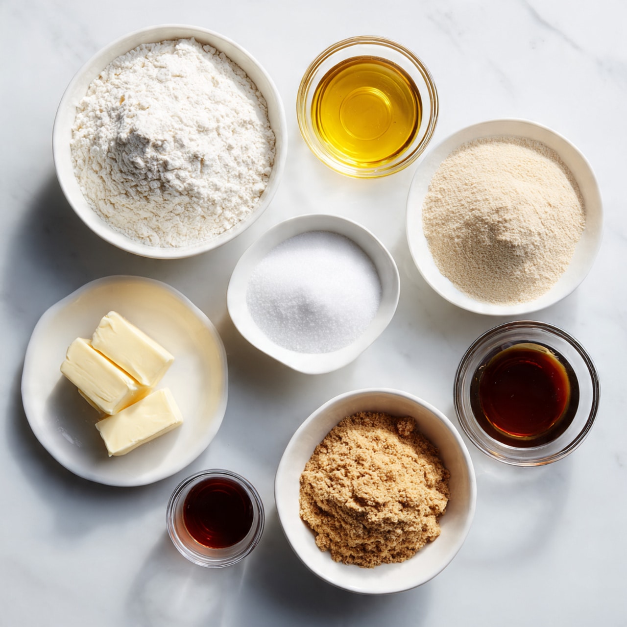 The image shows seven small bowls with different baking ingredients arranged on a white marbled surface. The top left bowl is white and filled with a large amount of white flour. Next to it is a clear glass cup with a golden liquid, likely oil. Below the flour, there is a small white bowl with white sugar. To the right of the sugar is a white bowl with a beige powder, possibly ground nuts or flour. Below this is another white bowl with light brown yeast granules. To the left of the yeast, there is a white plate holding two small pieces of butter. Above the butter is a small clear glass bowl with a thick dark brown syrup or molasses. All bowls and plates are neatly placed showing their contents clearly. Photo taken with an iphone --ar 1:1