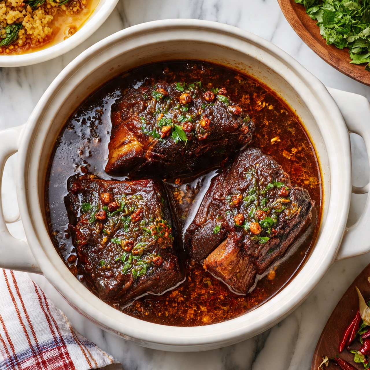 The image shows a white ceramic pot filled with three large pieces of dark, richly cooked meat, sitting in a thick, dark brown sauce with visible spices and herbs floating on the surface. The meat has a textured, slightly crispy-looking outer layer, with the sauce partially covering the pieces. The pot rests on a white marbled surface, and around the pot, parts of other dishes and a striped cloth are visible. Photo taken with an iphone --ar 4:5 --v 7