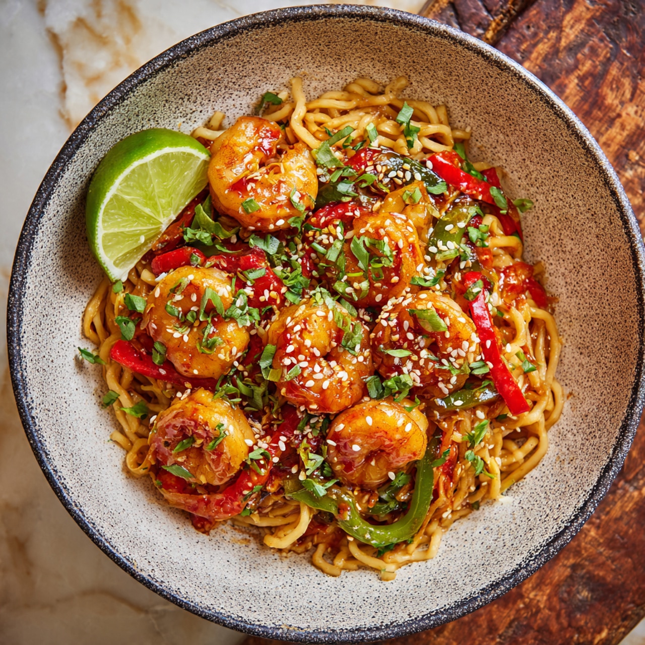 A close-up view of a dish in a white bowl with a dark speckled pattern, filled with three main layers: at the bottom, thin light brown noodles twisted throughout; in the middle, bright green and red bell pepper strips adding color and texture; on top, several plump, light orange shrimp dotted with small white sesame seeds and sprinkled with chopped green herbs. In the background, a halved lime with a fresh green inside rests on a rustic brown wooden surface, while the dish sits on a white marbled texture. photo taken with an iphone --ar 4:5 --v 7