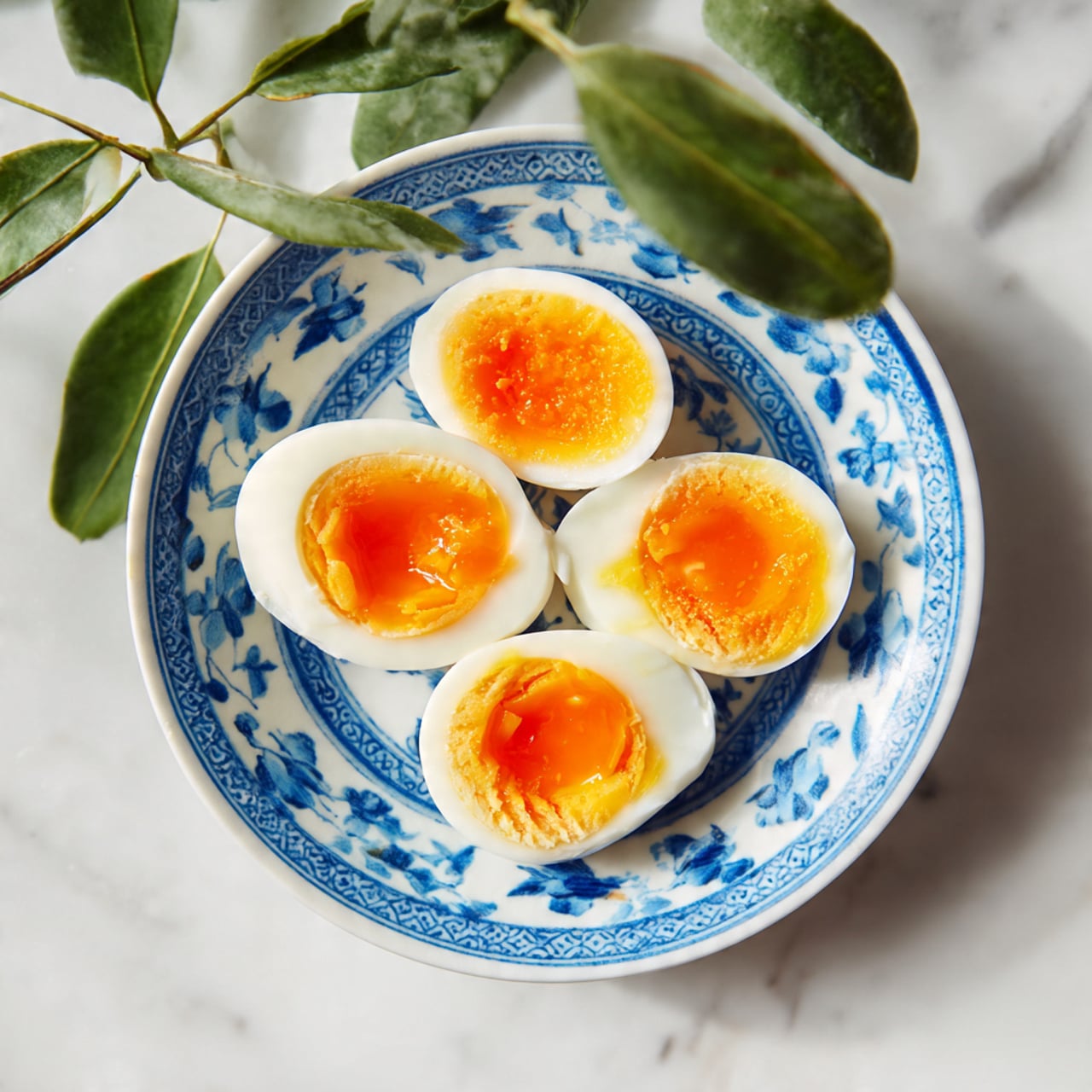 The image shows a white plate with blue patterns holding four soft-boiled eggs cut in halves. Each egg has a smooth white outer layer, with the bright, shiny orange yolk slightly runny in the center. The eggs are arranged closely together, filling the plate. A green leafy herb is partially visible in the background, adding a touch of color against the white marbled surface beneath the plate. Photo taken with an iphone --ar 4:5 --v 7