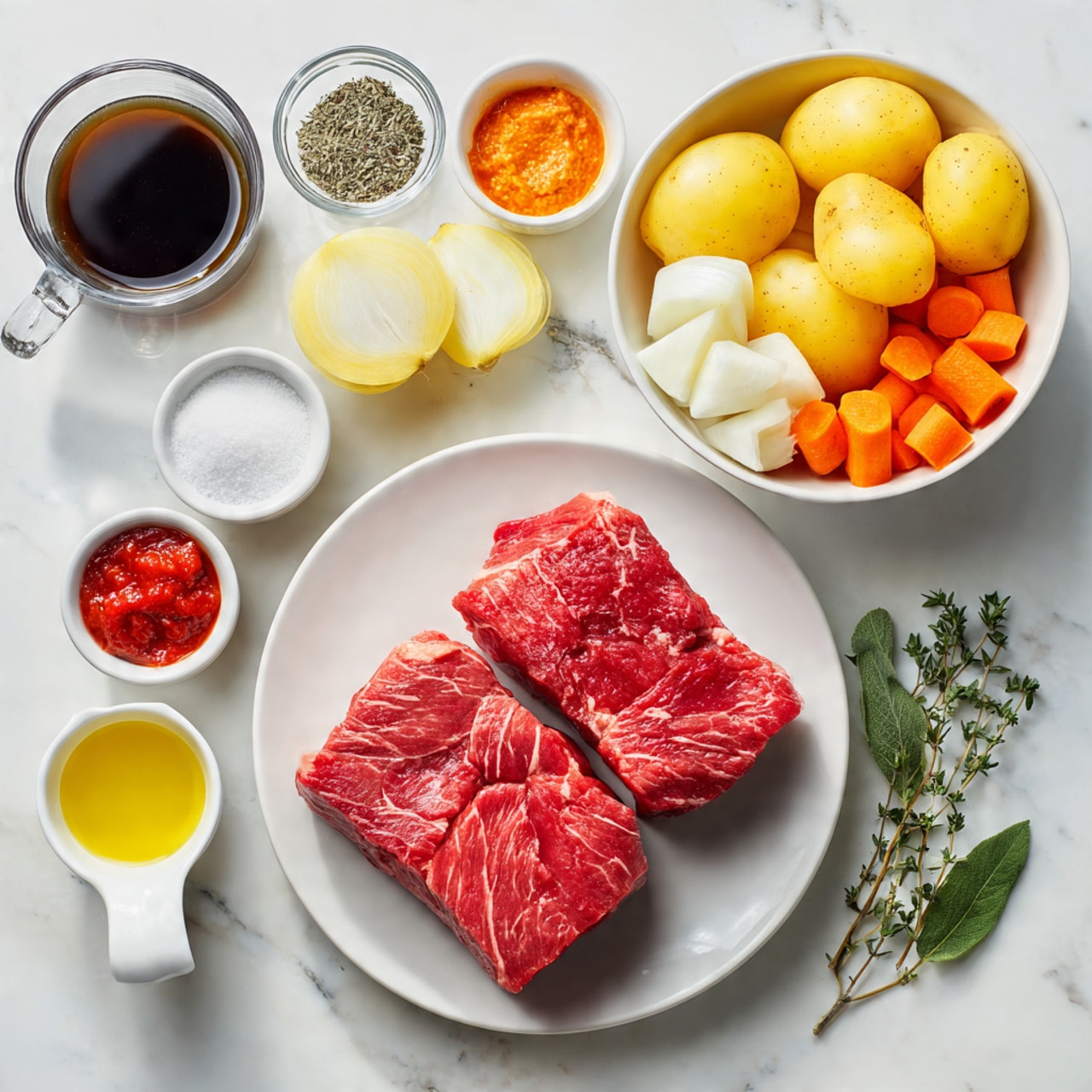 The image shows ingredients arranged neatly on a white marbled surface. In the center bottom, there is a white plate with two large pieces of raw red meat with visible marbled fat. To the right, a bowl holds halved small light yellow potatoes and bright orange carrot pieces. Above the meat, a white bowl contains thick wedges of white onion. Surrounding these main elements are small bowls with coarse white salt, black pepper, red tomato paste, chopped pale yellow garlic, dark soy sauce, and a glass cup filled with dark brown broth. A small white cup contains light yellow oil, and a small white plate holds green bay leaves and sprigs of thyme. The setup is bright and clean, with clear textures on each ingredient. Photo taken with an iphone --ar 4:5 --v 7