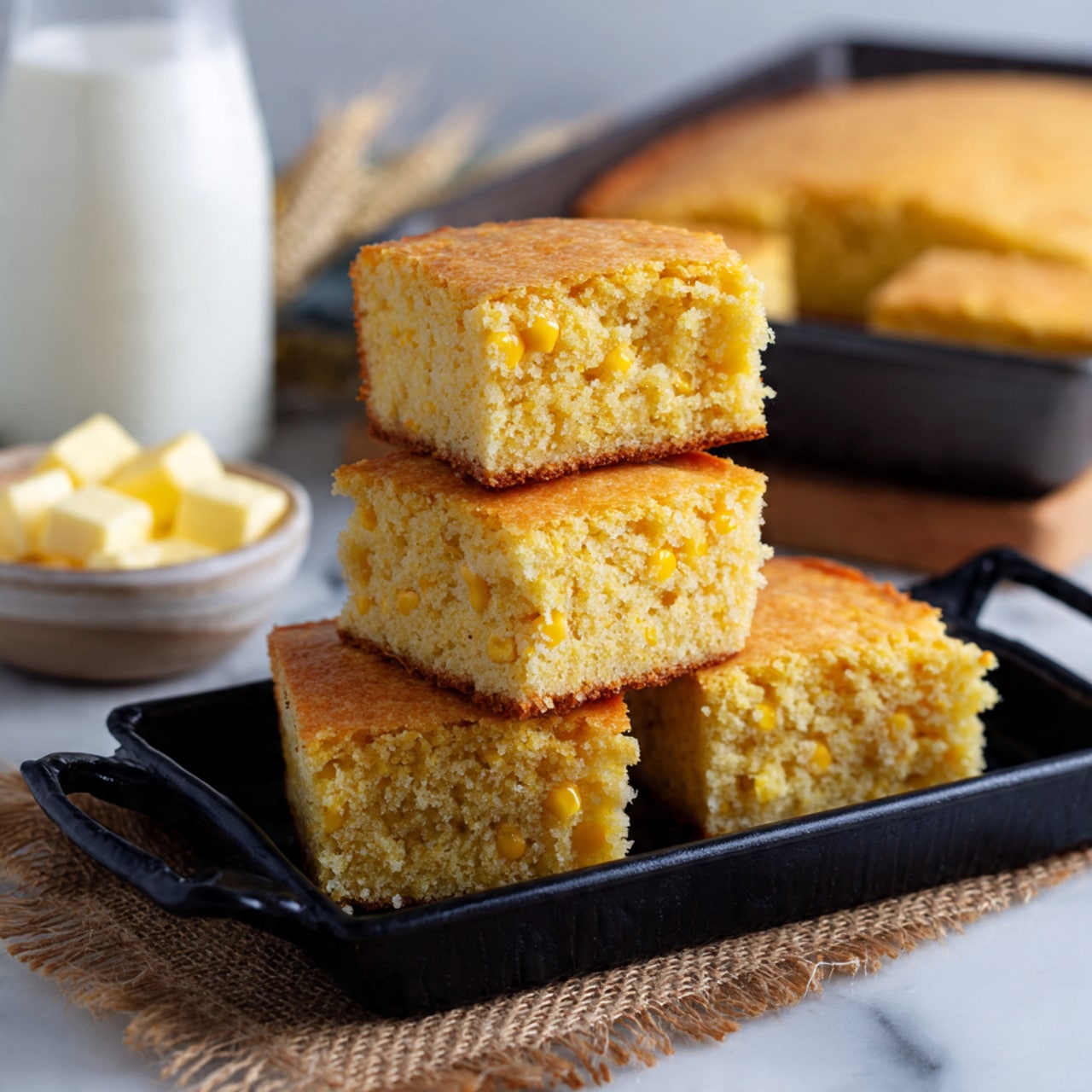 The image shows four pieces of golden corn bread stacked on a black tray with handles; the bread has a soft, crumbly texture with a lightly browned top layer. The top piece sits on three pieces below it forming a small pyramid. Behind the tray, there is a blurred view of more corn bread in a baking pan, a glass of milk, and a small white bowl with butter cubes. The scene is set on a white marbled surface with a piece of burlap cloth under the tray. photo taken with an iphone --ar 4:5 --v 7