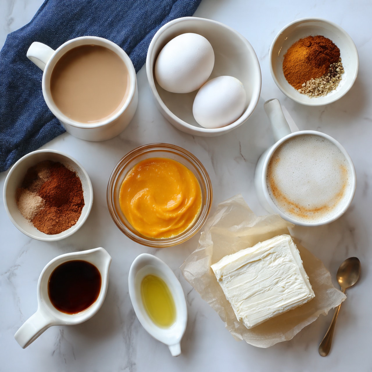 The image shows several white bowls and cups arranged on a white marbled texture. There is a white ceramic cup with two raw eggs, a white cup filled with light brown liquid, a white cup with frothy white liquid, and a white bowl holding three different brown spices placed in separate sections. Next to those is a small clear glass bowl filled with smooth orange puree. Nearby is a block of soft white cheese or cream spread resting on an opened wrapper. At the bottom left, a white teaspoon holding dark brown liquid rests beside a small white cup with a golden yellow liquid. Each container is cleanly filled, showing clear colors and textures, with a dark blue cloth near the bottom left corner. The scene is neat and bright. photo taken with an iphone --ar 4:5 --v 7