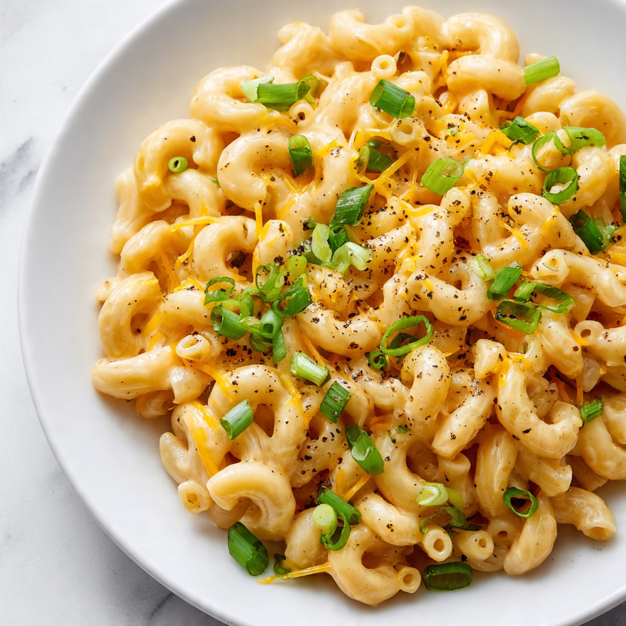 A close-up view of a white plate filled with creamy elbow macaroni mixed with shredded orange cheese. The macaroni is coated in a smooth, light orange sauce and sprinkled with small pieces of bright green sliced scallions. There are fine black specks of ground pepper scattered evenly on top, adding texture and contrast to the soft pasta and cheese. The dish sits against a white marbled background, highlighting its warm and comforting colors. Photo taken with an iphone --ar 4:5 --v 7