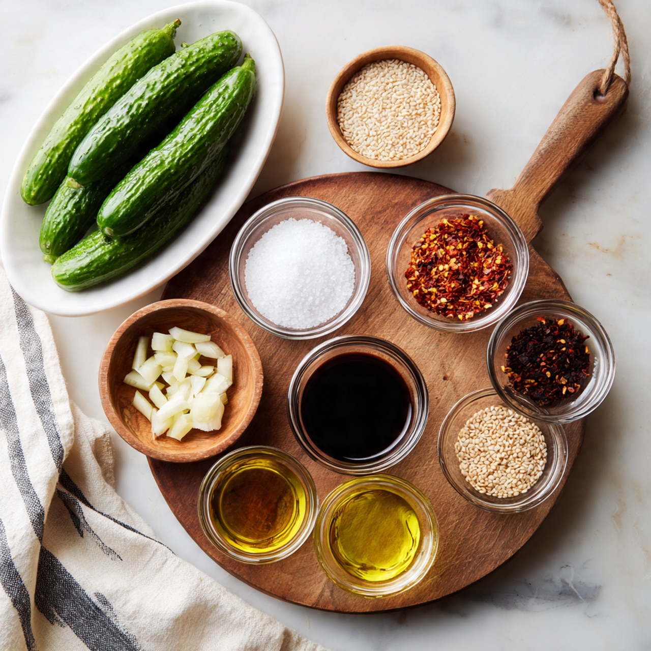 There are seven small clear glass bowls arranged on a round wooden board on a white marbled surface, each bowl holding different seasonings: one with white granulated salt, one with crushed pink salt, one with a mixture of red and black spices, one with whole sesame seeds, one with a dark soy sauce, one with a light yellow liquid, and one with a brown liquid. Next to the wooden board on the left, a small wooden bowl holds chopped garlic pieces. Above and to the left, there is a white oval dish with six fresh green cucumbers. A striped cloth is placed at the far left side of the white marbled surface. photo taken with an iphone --ar 4:5 --v 7