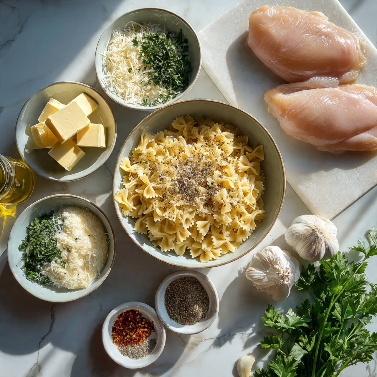 The image shows an arrangement of ingredients on a white marbled surface, featuring a central bowl of cooked bowtie pasta with a light sprinkling of black pepper. Surrounding it are small white bowls with grated cheese topped with pepper, chopped green herbs, creamy sauce garnished with parsley, a small bowl of red spice mix, and a smaller bowl of mixed black and white pepper. To the right, there are two raw chicken fillets on a white cutting board next to garlic bulbs and fresh parsley sprigs. On the left, there is a small jar of olive oil, two blocks of butter, and a few garlic cloves placed near the pasta bowl. The natural sunlight creates soft shadows, highlighting the fresh textures and colors of the ingredients. photo taken with an iphone --ar 4:5 --v 7