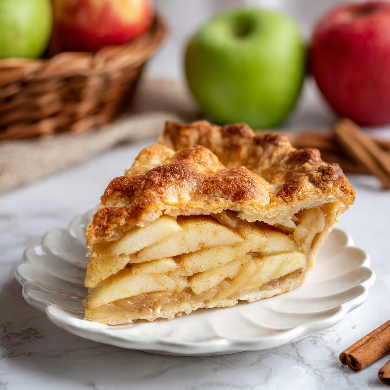 The image shows a slice of apple pie on a white plate with a wavy edge. The pie has three visible layers: a golden brown top crust with a slightly crispy texture and rounded edges, a light golden cooked apple filling with thin, soft apple slices stacked neatly, and a light brown bottom crust that looks firm and crumbly. In the background, there are two apples, one red and one green, and a woven basket filled with more red apples. The surface is a white marbled texture, with two cinnamon sticks lying near the plate. A woman's hand is not visible in the scene. Photo taken with an iphone --ar 4:5 --v 7