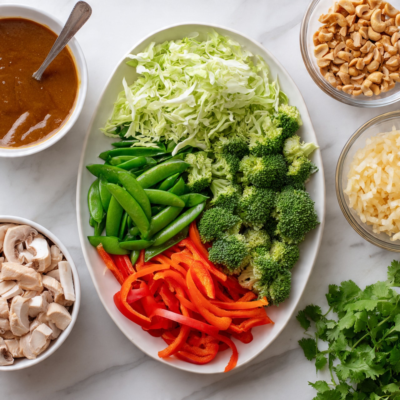 The image shows a white oval plate filled with six groups of fresh vegetables arranged side by side: shredded pale green cabbage on the left, bright green snap peas on top, thin red bell pepper strips next to it, fresh broccoli florets on the right, and sliced white mushrooms in the middle front. Surrounding the plate on a white marbled surface are five bowls: a white bowl on the left contains a rich brown sauce with a spoon, below it is a white bowl filled with raw pale pink diced chicken, to the right there is a small glass bowl with chopped light yellow onions, and another glass bowl filled with crushed light brown nuts. Fresh green cilantro leaves lie near the top right corner. Photo taken with an iphone --ar 4:5 --v 7