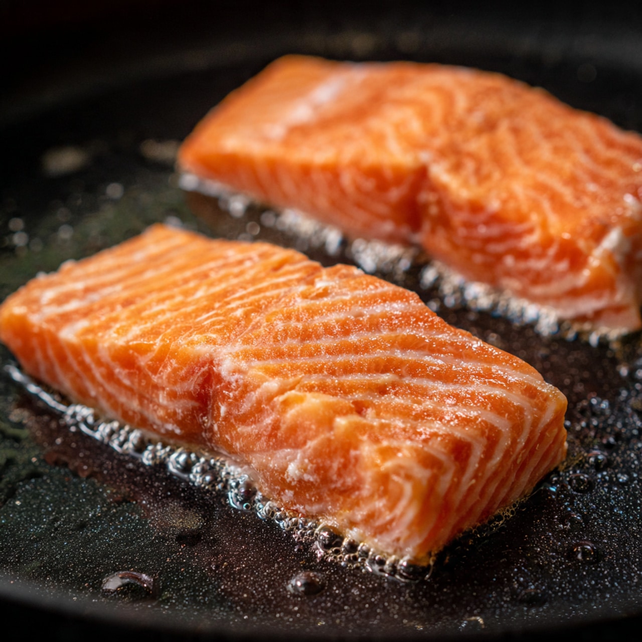The image shows two pieces of light orange salmon fillets being cooked on a black pan. Each fillet has a slightly glossy, moist look with visible salmon muscle lines and some small white fat streaks. Tiny bubbles of oil surround the base of the salmon pieces, suggesting gentle frying. The background is a smooth black cooking surface with a few water droplets scattered around. Photo taken with an iphone --ar 4:5 --v 7