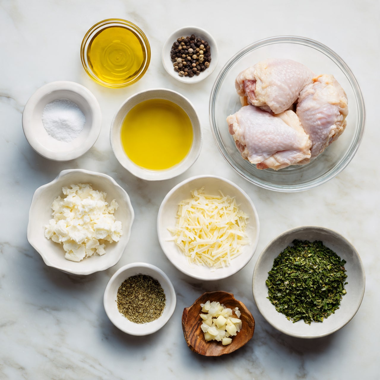 The image shows ingredients neatly arranged on a white marbled surface. In the center, there is a glass container holding two raw chicken pieces with a light pink color. Surrounding it are several small white bowls: one with white granular salt, one with yellowish olive oil, one with a white creamy substance, one with finely shredded pale yellow cheese, and one with beige minced garlic. Additionally, there are two small white bowls with green and black ground spices, and one larger white bowl filled with fresh green chopped herbs. A small wooden dish with black peppercorns is also visible. The overall setup is clean and organized, ready for cooking preparation. Photo taken with an iphone --ar 4:5 --v 7