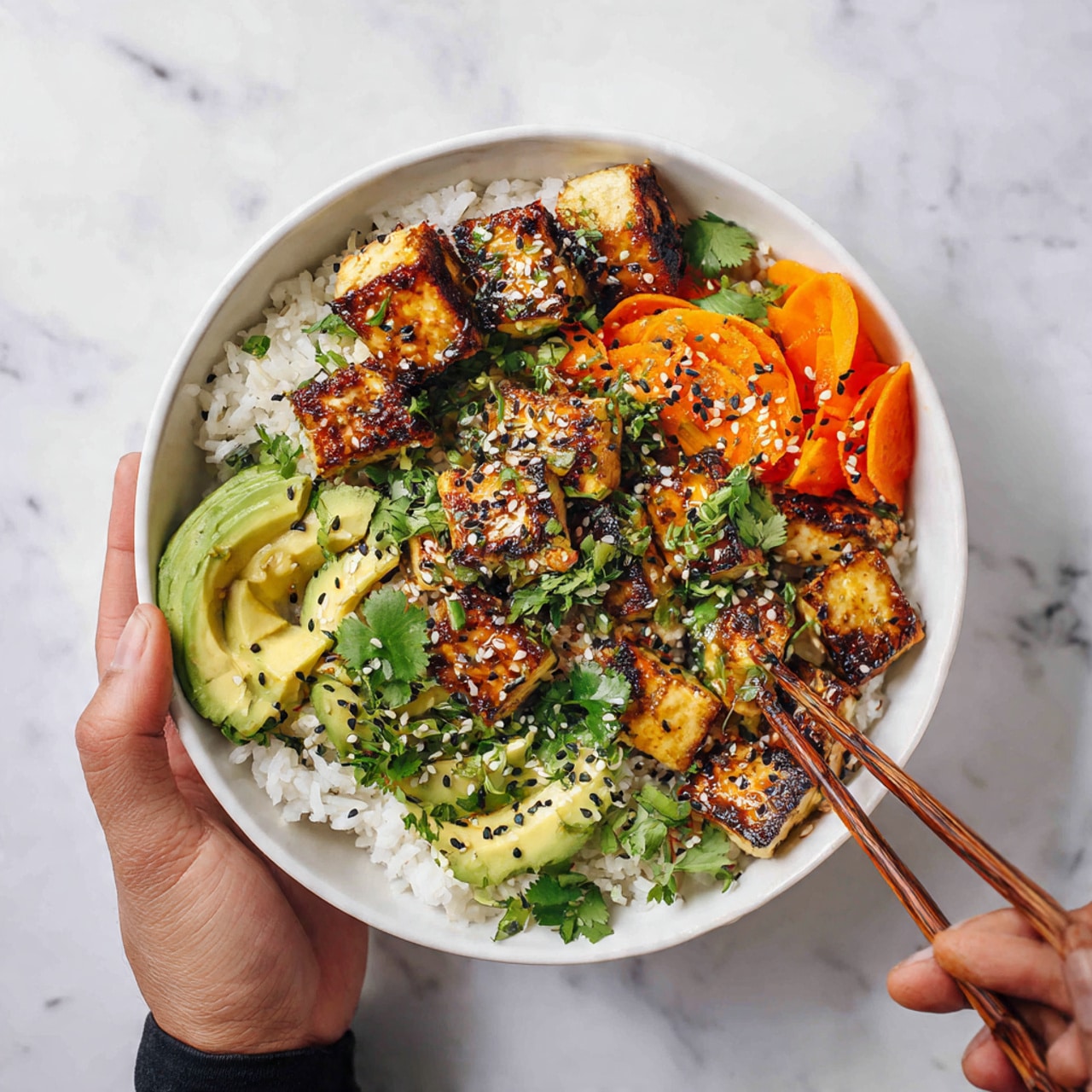 A white bowl filled with a layered dish starting with a base of white rice. On top, there are golden-brown grilled tofu pieces arranged among bright orange carrot slices and light green avocado chunks. Fresh green herbs like cilantro are scattered around, with black and white sesame seeds sprinkled over everything. A woman's hand is holding wooden chopsticks poised above the bowl, and the bowl sits on a white marbled surface. photo taken with an iphone --ar 4:5 --v 7