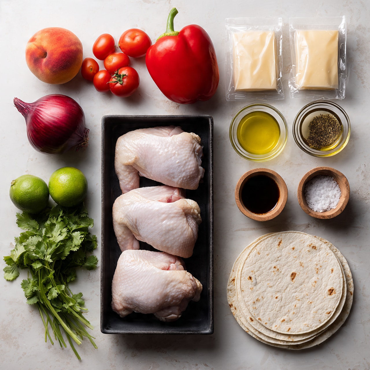 The image shows fresh ingredients neatly arranged on a white marbled surface. There are four uncooked chicken thighs placed in a small black rectangular tray at the center. On the left side, there are two ripe peaches, two red tomatoes, a whole red bell pepper, a whole red onion, two limes, a small bunch of fresh cilantro, and some green herbs. On the right side, two small packets of cheese are placed above two small clear bowls containing honey and a light yellow oil. Below those are three small wooden bowls holding salt, pepper, and a dark sauce. On the far right, there are two stacked white tortillas. The scene is neatly organized and well-lit, photo taken with an iphone --ar 4:5 --v 7