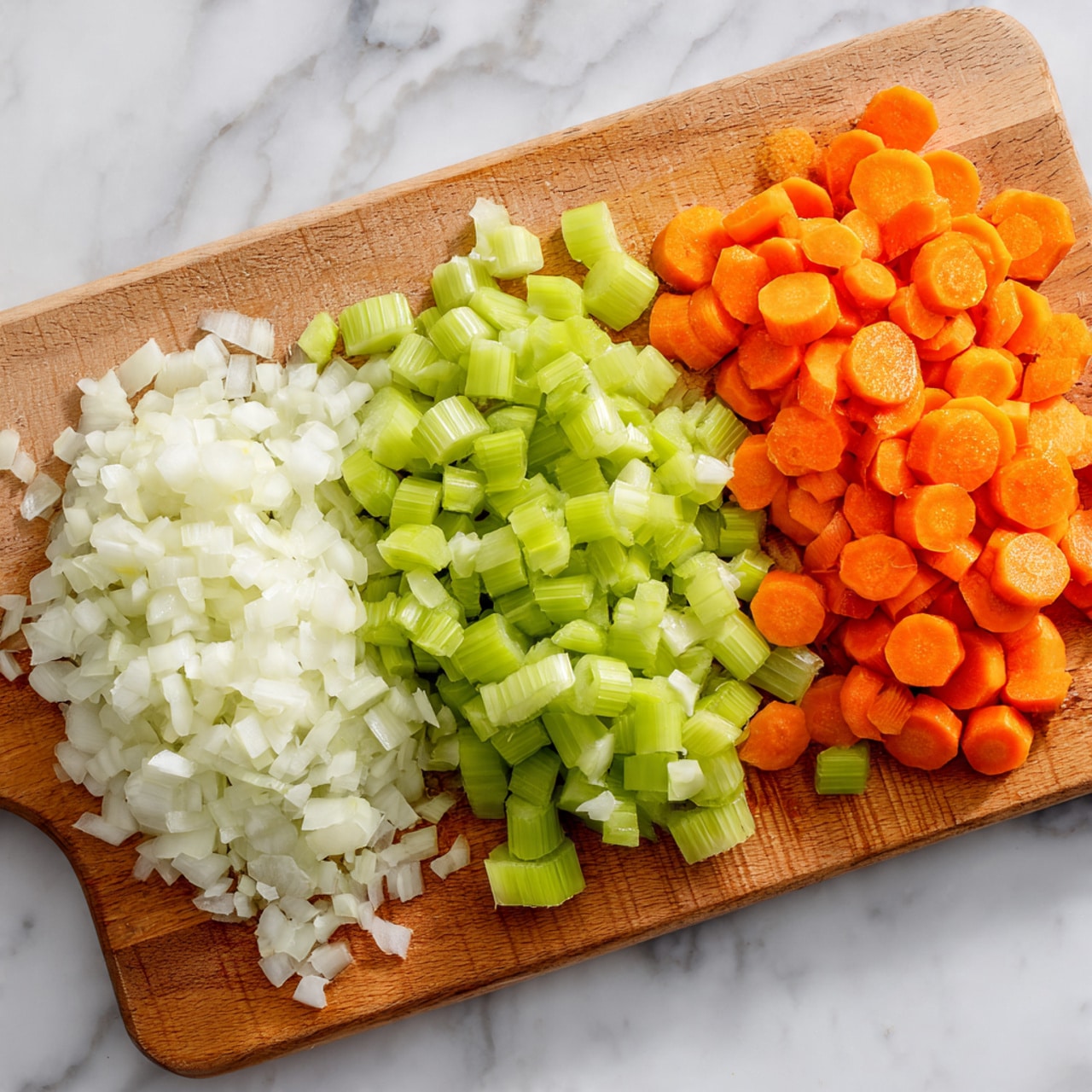 The image shows three piles of chopped vegetables on a wooden cutting board placed on a white marbled surface. On the left side, there is a pile of finely chopped white onion with a smooth, translucent texture. In the middle, there are sliced celery pieces, light green in color, with a crisp texture and semi-circular shape. On the right side, there is a pile of sliced carrots with bright orange color and rounded edges. Photo taken with an iphone --ar 4:5 --v 7