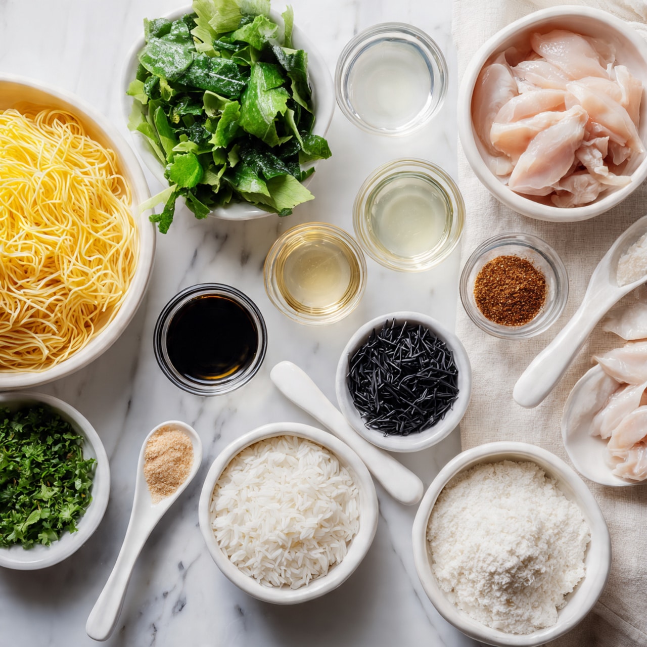 The image shows two white bowls and several small white spoons with different ingredients neatly arranged on a white marbled surface. The left side has a white bowl filled with yellow noodles, fresh green leafy vegetables, small glass bowls of clear liquid, and white or brown powders in white spoons. There is also a small bowl of dark sauce and a pile of black dried items. On the right side, there is a white bowl of raw pale pink chicken slices, a white bowl of white uncooked rice, and white spoons holding white and brown powders. The whole setup is clean and organized with a soft white cloth underneath. Photo taken with an iphone --ar 4:5 --v 7