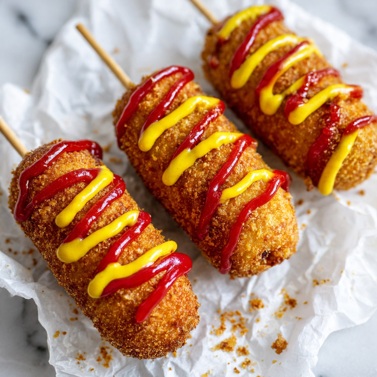 Three crispy golden-brown corn dogs on wooden sticks lie on crumpled white paper, each covered in a crunchy breadcrumb layer. Each corn dog has squiggly lines of bright red ketchup and yellow mustard on top, alternating in a zigzag pattern across their surface. The scene is close-up, showing a textured and crunchy coating with some small crumbs scattered around. The background is a white marbled texture. photo taken with an iphone --ar 4:5 --v 7