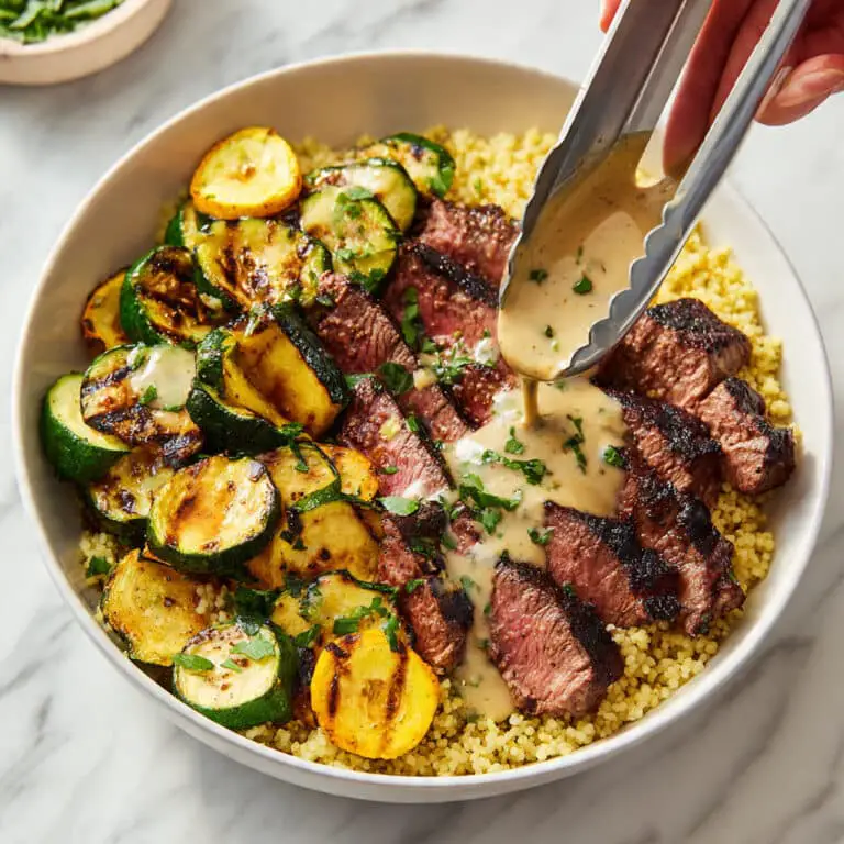 Grilled Steak Bowl with Creamy Sauce & Grilled Zucchini Recipe