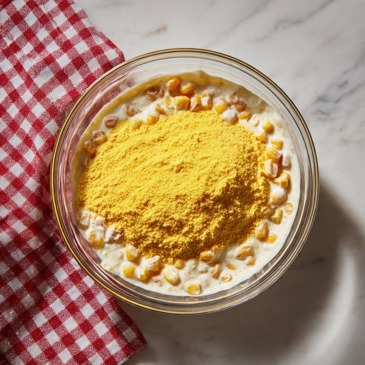 A clear glass bowl holds a mixture with three visible layers: the bottom layer is a white creamy base with corn kernels mixed in, giving a slightly bumpy texture; on top of this is a thick, bright yellow layer of cornmeal, which is coarse and uneven, piled mostly at the center; the bowl itself sits on a white marbled surface with a red and white checkered cloth partially visible in the background. Photo taken with an iphone --ar 4:5 --v 7