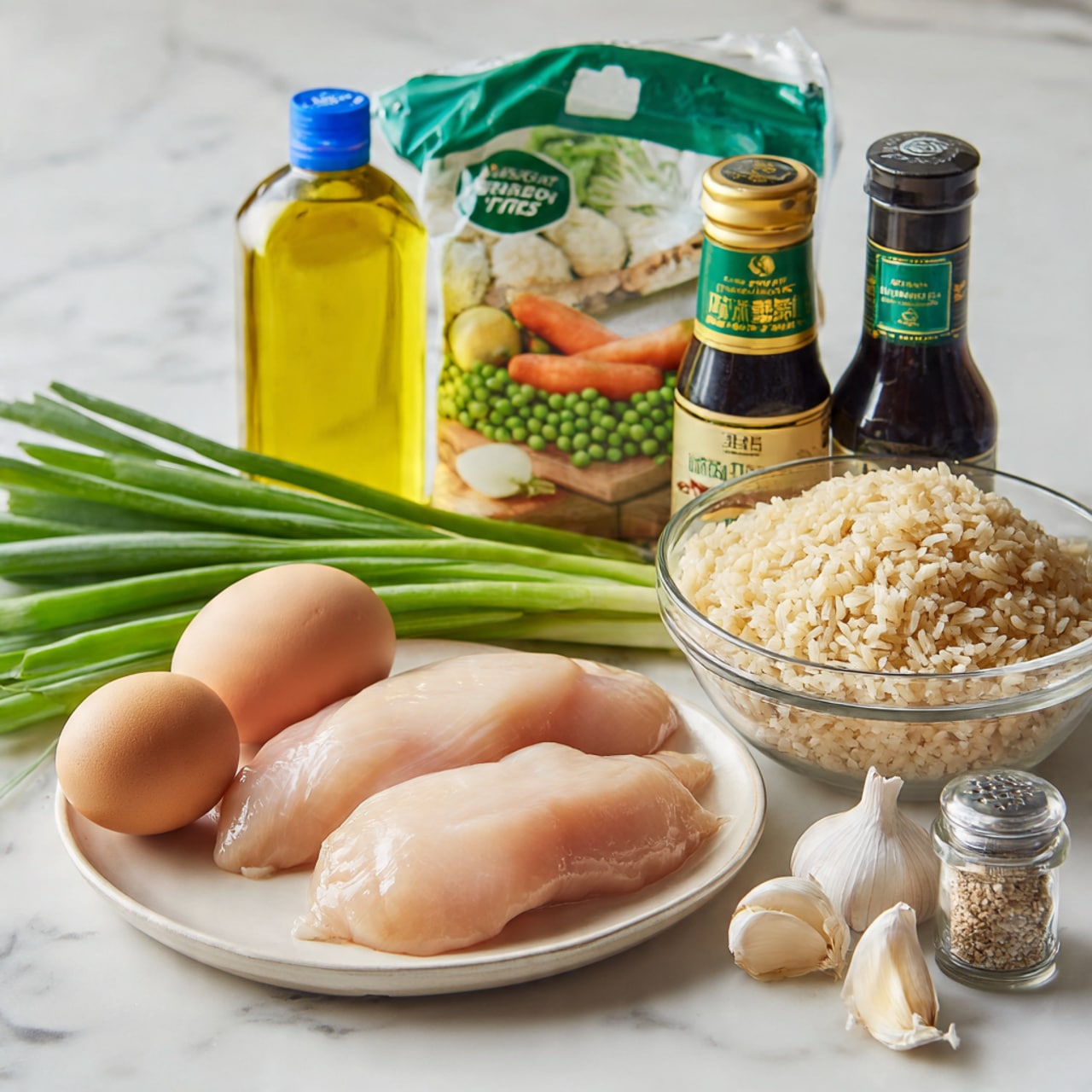 The image shows raw chicken fillets placed side by side on a white plate in the front center. To the left of the plate, there are two brown eggs lying next to a bunch of fresh green onions with long green stalks. Behind the eggs and green onions is a clear bottle of vegetable oil with a blue cap. In the background center-left is a bag of frozen peas and carrots with the packaging mostly green and beige. To the right of this bag, there are two dark glass bottles with green and yellow caps, one is soy sauce, and the other is sesame seed oil. On the far right, a clear glass bowl is filled with cooked brown rice. In front of the bowl of rice and near the plate are two garlic cloves and a small clear salt and pepper grinder. The items are arranged on a white marbled surface. Photo taken with an iphone --ar 4:5 --v 7