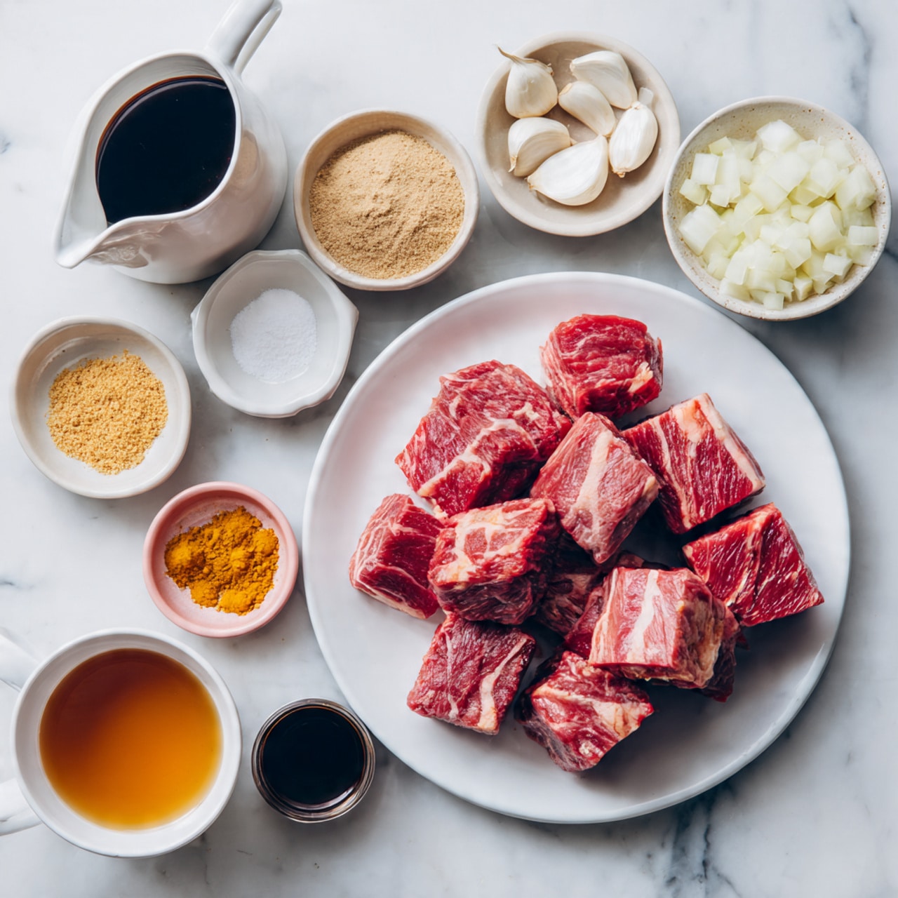 A white plate holds several thick, red meat chunks with white fat lines, arranged in a loose pile on the right side. Around the plate, small white bowls and dishes with ingredients are evenly spread on a white marbled surface: near the top right, peeled white onion quarters in a bowl; to the left of that, a bowl of light brown powder; below the onions, a small dish with whole peeled garlic cloves; next to that on the left are minced ginger in a small pink bowl and minced turmeric in a smaller bowl below it. Above the meat plate, clear liquid in a small bowl and white powder in another small bowl sit side by side. At the bottom left corner, a white pitcher holds dark brown sauce, with a small cup of light amber liquid and another container of thick black liquid nearby. Photo taken with an iphone --ar 4:5 --v 7