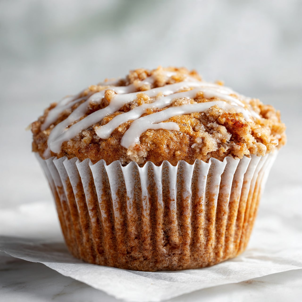 A close-up of a single muffin with a light brown color and a rough texture on top, showing small pieces of nuts or crumble. The muffin is lined with a white paper wrapper that is slightly open and wrinkled at the bottom. White icing drizzles over the muffin top in thin uneven lines, adding a shiny contrast. The muffin rests on a white marbled surface with a soft blurred white and green background. The light is natural, highlighting the details and texture of the muffin. photo taken with an iphone --ar 4:5 --v 7