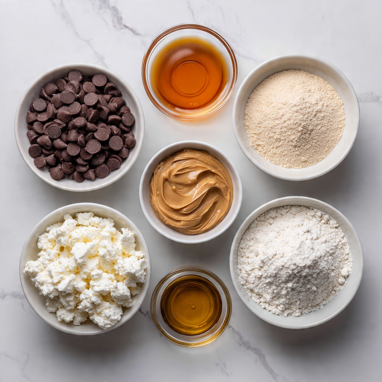 Seven small white bowls sit on a white marbled surface, each holding different ingredients. The top left bowl contains many dark brown chocolate chips, smooth and round. To its right, a bowl holds a clear amber liquid with a slight shine. Below, a bowl is filled with pale beige powder, fine and crumbly. Next to it, a bowl has thick, light brown peanut butter with a creamy texture. Below and to the left, a bowl is filled with white cottage cheese that looks soft and lumpy. The largest bowl at the bottom right corner holds a mound of off-white flour with a powdery texture. Finally, at the very bottom, a tiny clear bowl contains a small amount of dark golden syrup. photo taken with an iphone --ar 4:5 --v 7