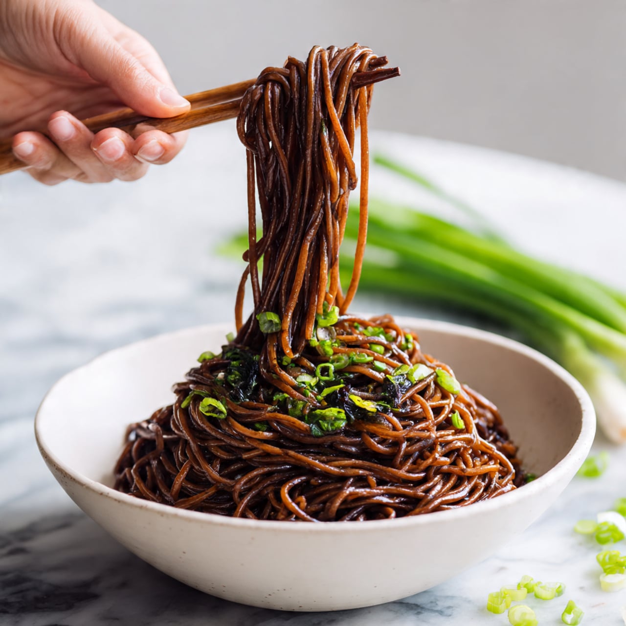 A white bowl filled with a serving of dark brown noodles, glistening with sauce, topped with chopped green herbs and small bits of charred onions. A woman's hand is lifting a bundle of noodles high above the bowl using chopsticks, showing the noodles' soft and shiny texture. The bowl rests on a white marbled surface, with some green onion stalks blurred in the background. photo taken with an iphone --ar 4:5 --v 7