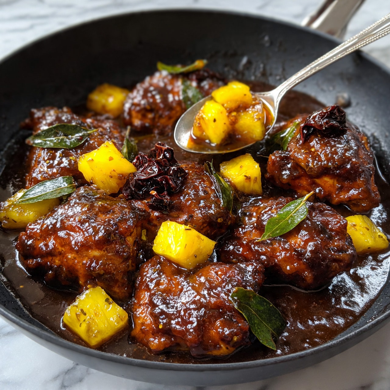 The image shows a close-up of a cooked dish with several pieces of browned, glazed chicken scattered across a black skillet. Around the chicken pieces are small cubes of bright yellow pineapple and dark green bay leaves, all coated in a shiny, dark brown sauce. The sauce looks thick and smooth, pooling slightly around the chicken and fruit. Some pieces have a dark, wrinkled topping, possibly cooked chili or a similar ingredient. A silver spoon rests in the skillet holding a piece of pineapple, with sauce glistening over it. The background is a white marbled texture. photo taken with an iphone --ar 4:5 --v 7