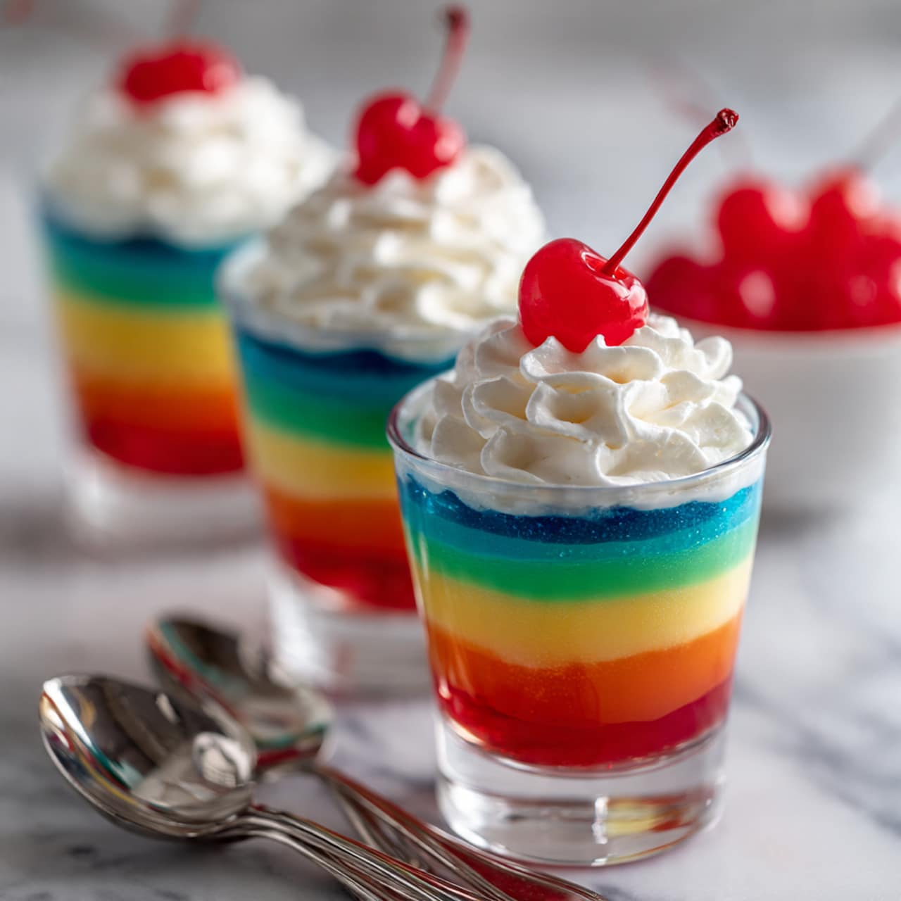 The image shows three clear cups filled with colorful layered jelly in five bright colors stacked from bottom to top: blue, green, yellow, orange, and red. Each cup is topped with a swirl of white whipped cream and a bright red cherry sitting on top. The cups are resting on a white marbled surface, with three shiny silver spoons in the foreground. In the background, there is a blurred small white bowl with more cherries. The focus is sharp on the front cup, showing the smooth and glossy texture of the jelly layers and the soft whipped cream. photo taken with an iphone --ar 4:5 --v 7