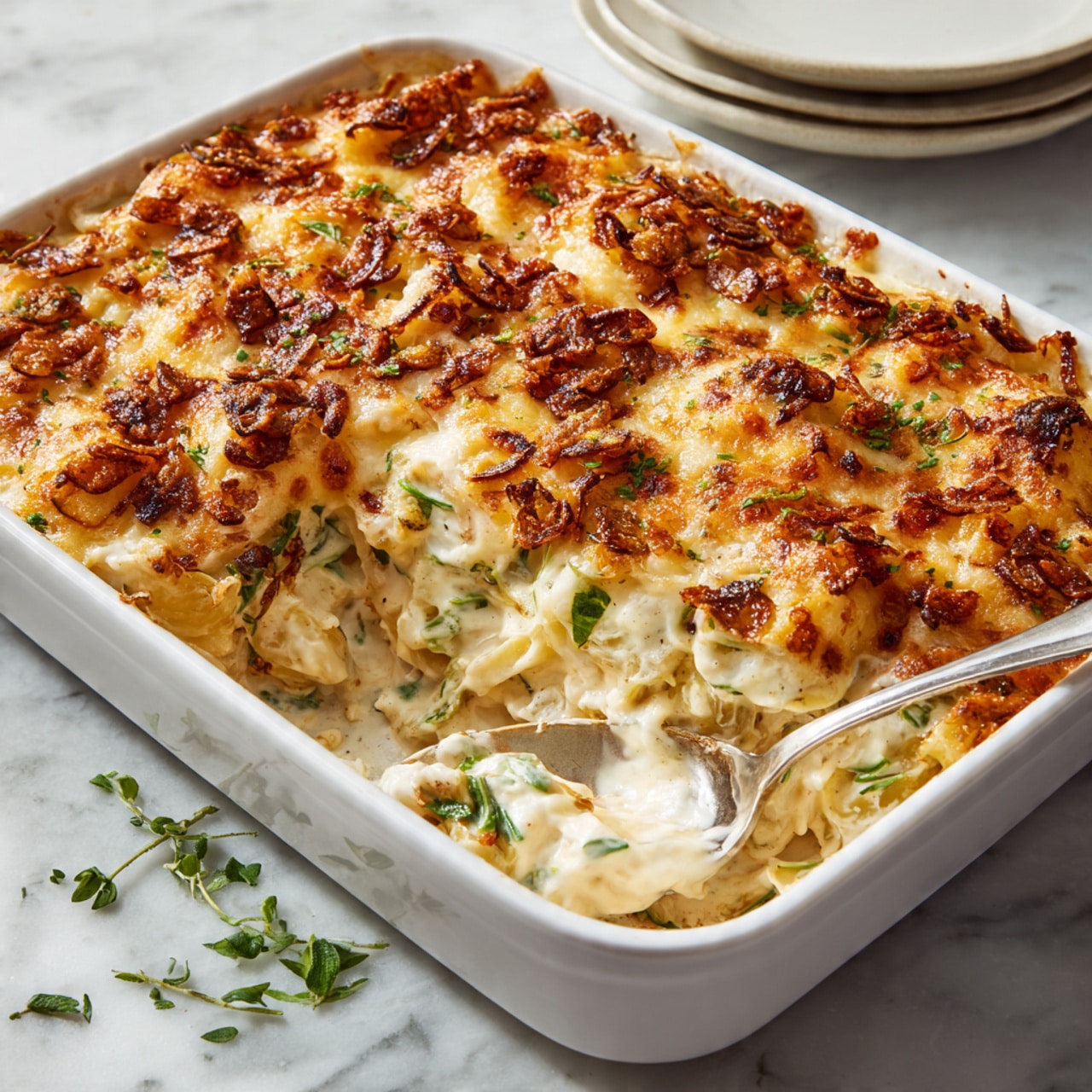 The dish is a white rectangular baking dish filled with a layered casserole. The top layer is golden-brown melted cheese mixed with small, crispy browned bits, giving a crunchy texture. Underneath is a creamy sauce visible where a spoon has scooped out a portion from the left side. Below the sauce, green vegetables or pasta create a textured base layer. The dish is set on a white marbled surface with some green herbs sprinkled around. A silver spoon is placed inside the dish, showing the creamy, cheesy layers clearly. Photo taken with an iphone --ar 4:5 --v 7