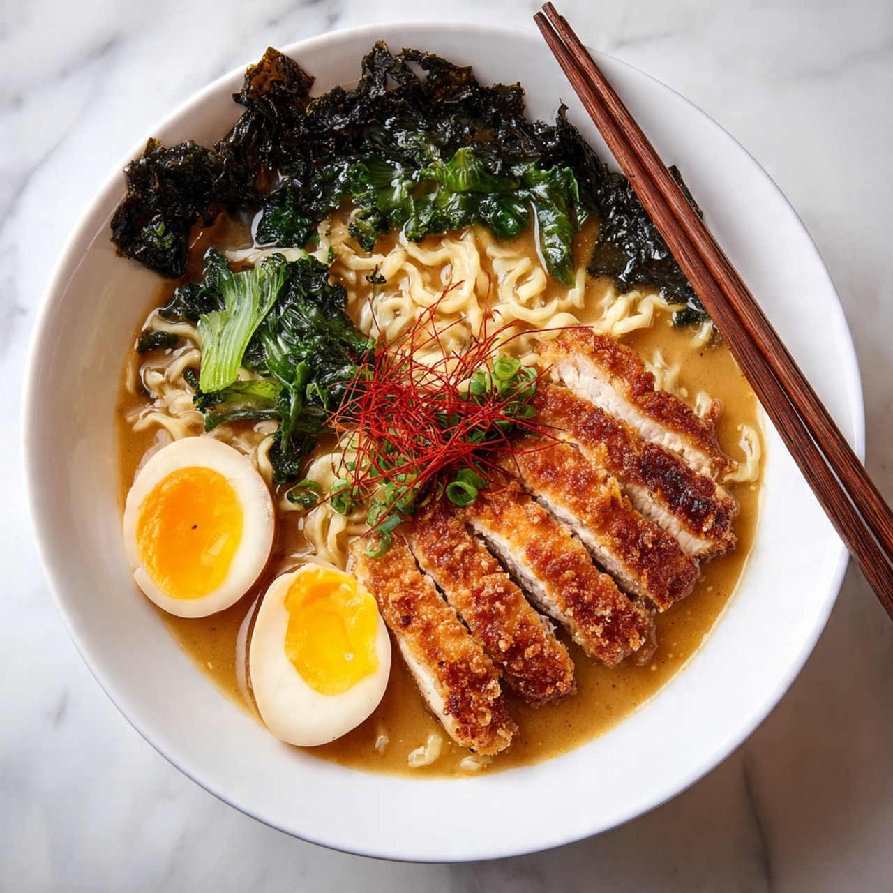 In a white bowl, there are thick noodles at the bottom in a light brown broth. On top of the noodles, there is a layer of crispy golden-brown sliced fried chicken arranged side by side in the center. To the left side, two halves of soft boiled eggs with bright yellow yolks and pale whites are placed. Above the chicken, there is a handful of wilted green leafy vegetables. Dark green seaweed sheets are tucked against the bowl's edge at the back. Thin red strands of chili threads are gently placed on top of the chicken for garnish. Wooden chopsticks rest on the right side of the bowl. The whole dish sits on a white marbled surface. Photo taken with an iphone --ar 4:5 --v 7