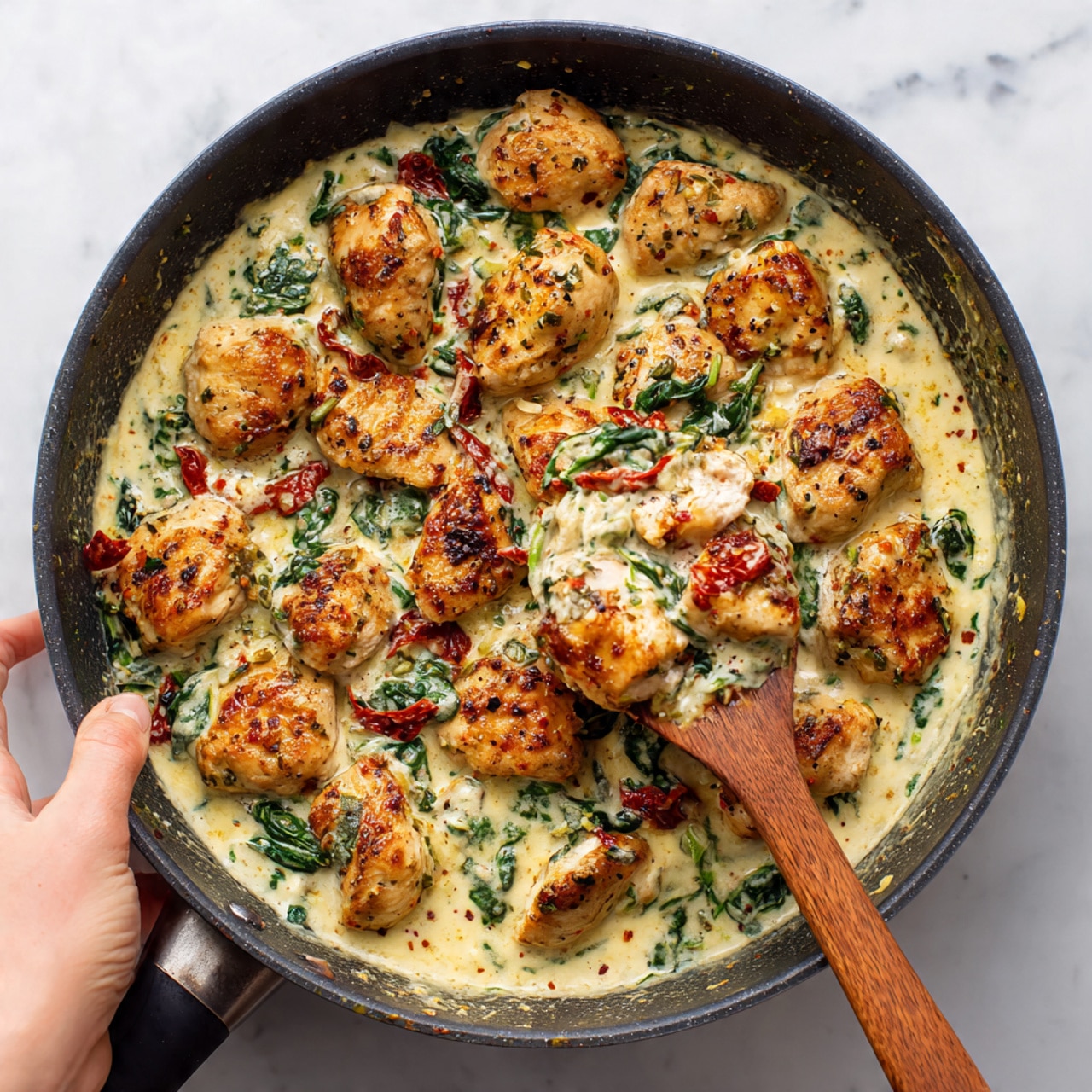 The image shows a pan filled with cooked chicken pieces covered in a creamy sauce. The sauce is light yellow with bits of green spinach and small red pieces, possibly sun-dried tomatoes, mixed throughout. The chicken pieces are browned on top, giving a slightly crispy look with visible seasoning. A wooden spoon is in the pan, lifting some sauce, and a woman's hand holding the pan is visible on the side. The background is white with a light marbled texture. photo taken with an iphone --ar 4:5 --v 7