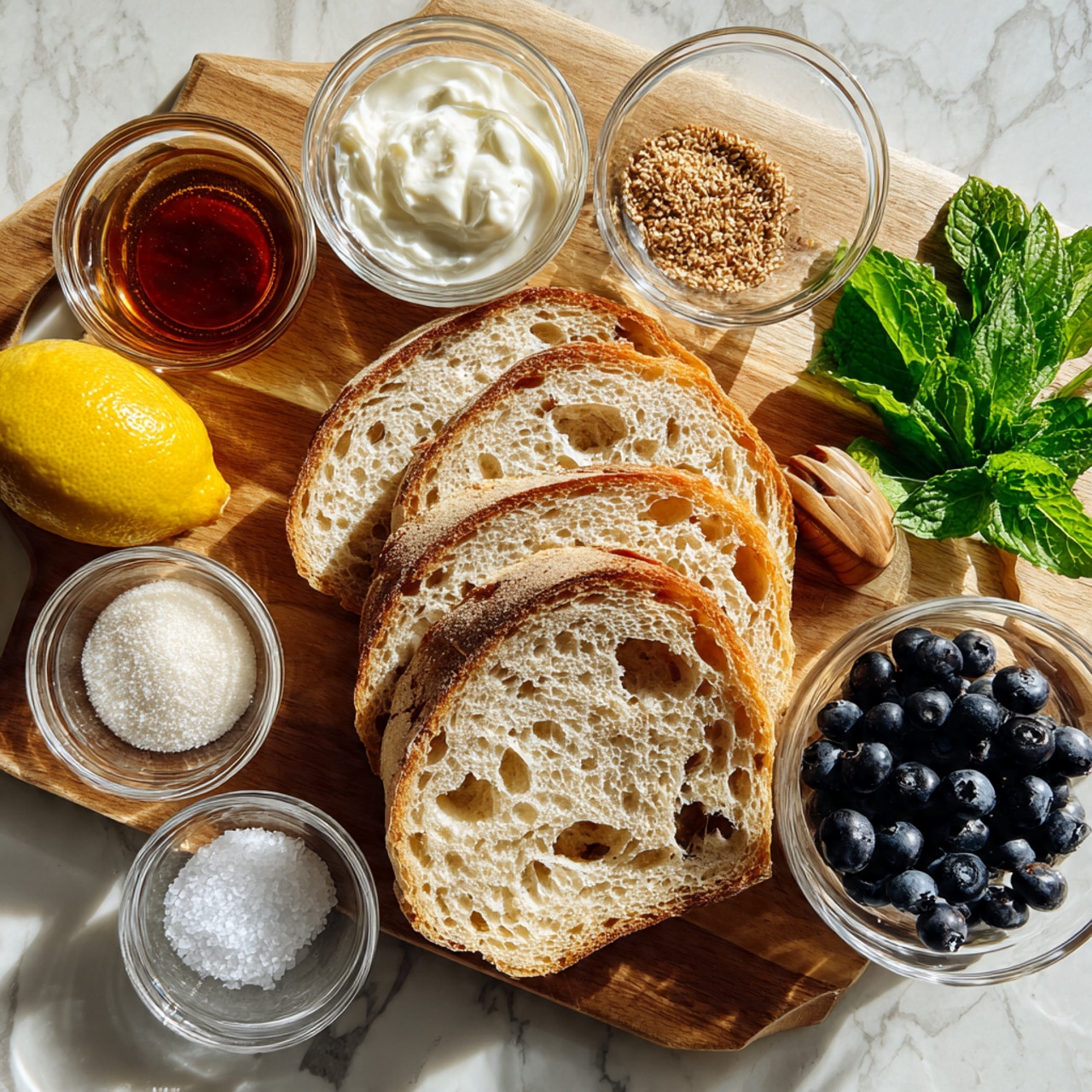 The image shows a wooden table with several small clear bowls and a wooden board. On the board, there are five slices of light brown bread with visible holes and seeds inside. Surrounding the bread are small clear bowls containing different ingredients: creamy white yogurt, small white granulated sugar, a light brown honey or syrup, white coarse salt, and several fresh green mint leaves beside a lemon. There is also a small bowl full of fresh dark blue blueberries. The setting is on a white marbled surface. photo taken with an iphone --ar 4:5 --v 7