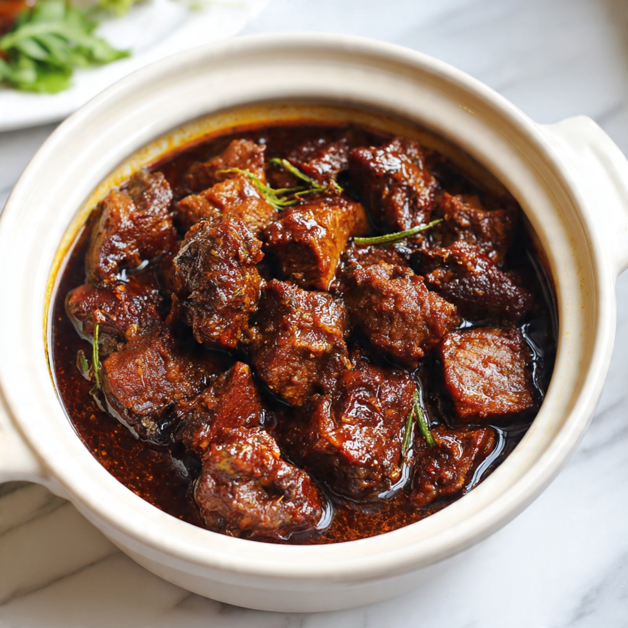 The image shows a white ceramic pot filled with dark brown cooked meat chunks sitting in rich, dark sauce. The meat appears tender with a slightly rough texture on the surface. The sauce looks thick and glossy, coating the meat well. The pot is placed on a white marbled textured surface and partially visible near the bottom left corner is a white plate with some greens. Photo taken with an iphone --ar 4:5 --v 7