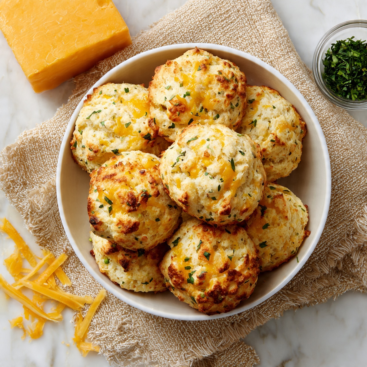 A white bowl filled with about eight round biscuits that are light golden brown with some darker toasted spots. Each biscuit has a rough, crumbly texture with visible bits of melted yellow cheese on top and small specks of green herbs scattered across. The bowl sits on a beige woven cloth with a few small shredded cheese pieces around it. In the top left corner, there is a large block of orange-yellow cheese, and in the top right, a small clear bowl of chopped green herbs is partly visible. The background is a white marbled surface. photo taken with an iphone --ar 4:5 --v 7