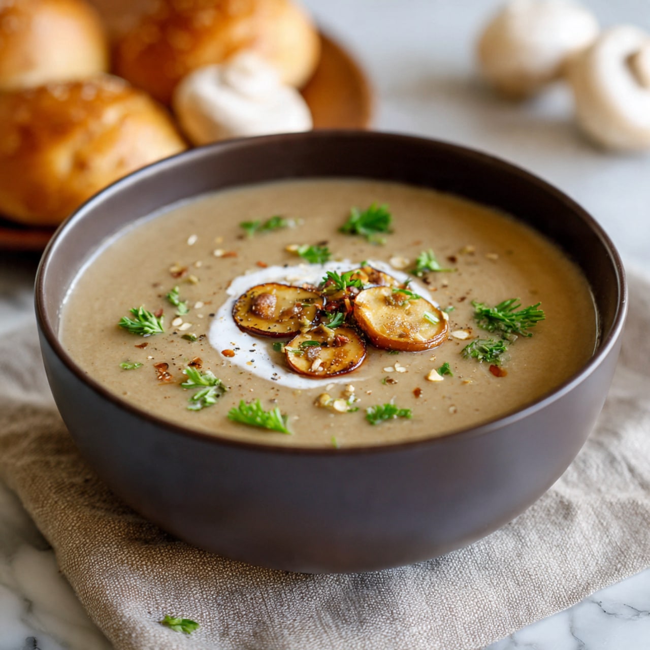 A large dark brown bowl sits on a beige textured cloth on a white marbled surface, filled with creamy light tan mushroom soup. The soup surface is smooth with a few small chunks, topped in the center with a dollop of white cream. Around the cream, there are three golden-browned sliced mushrooms and some pale small potato pieces. Bright green parsley leaves sit on top of the cream, with small scattered green herb bits and coarse black pepper on the soup's surface. In the background, whole white and brown mushrooms and golden bread rolls on a wooden plate are softly blurred. Photo taken with an iphone --ar 4:5 --v 7
