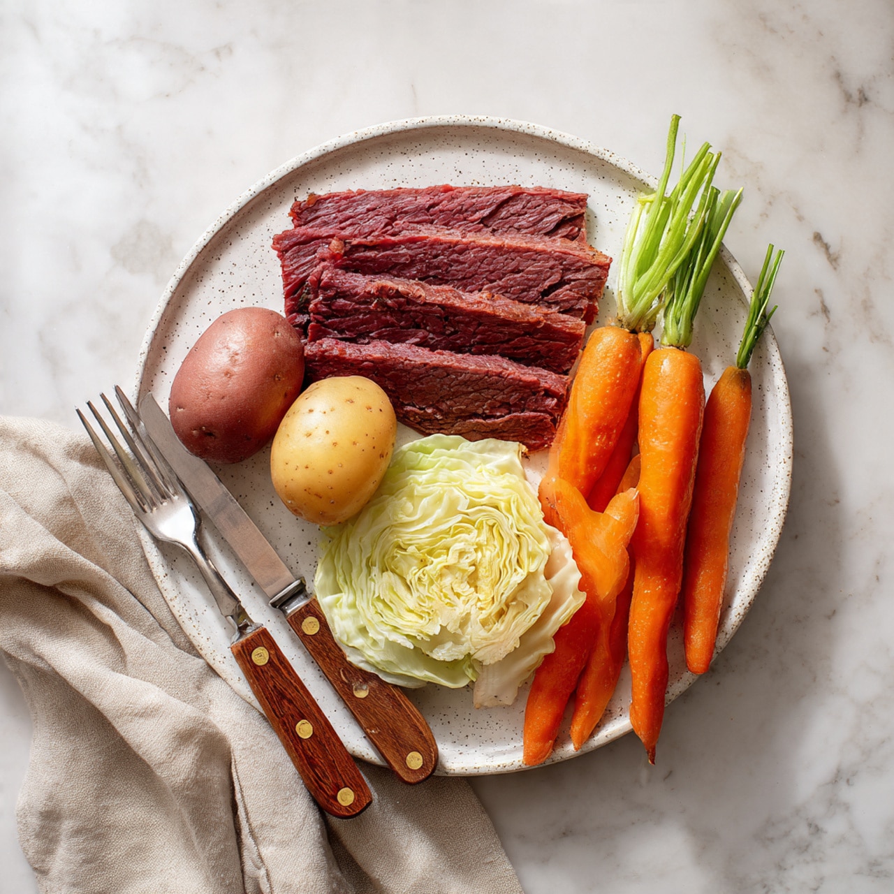 A white speckled plate holds a meal with four layers: on the left, three pieces of thin dark reddish meat with visible texture and small holes; in front of the meat, three whole small potatoes—two light brown and one darker red-brown—shiny and smooth; to the right of the potatoes, overlapping pale green cabbage leaves with soft folds; and lastly, two long bright orange carrots with green tops, smooth and shiny, placed side by side on the far right edge. Below the plate, there is a fork and knife with wooden handles resting on a white marbled surface, and a light beige cloth is partially visible next to the plate. Photo taken with an iphone --ar 4:5 --v 7