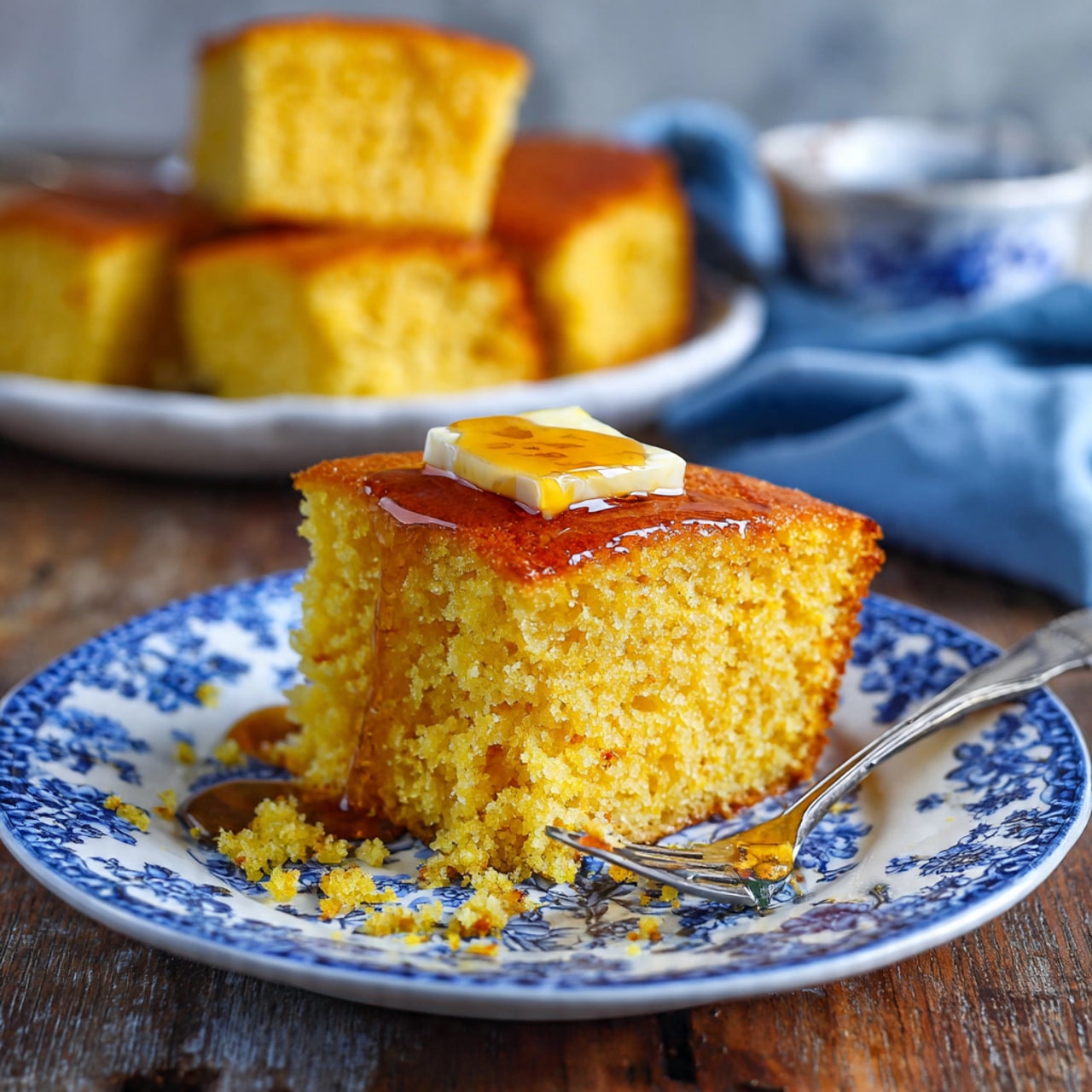 A thick slice of golden yellow cornbread sits on a white plate with a blue floral pattern. The cornbread shows a soft, moist texture with small crumb pieces around it. On top, a square pat of melting butter drips with amber syrup, creating a shiny glaze. A silver fork rests on the plate near a small piece of cornbread. In the background, there is another white plate with blue patterns holding more cornbread pieces, slightly blurred. The scene is set on a rough wooden table with a soft blue cloth nearby and a white marbled texture surface. photo taken with an iphone --ar 4:5 --v 7