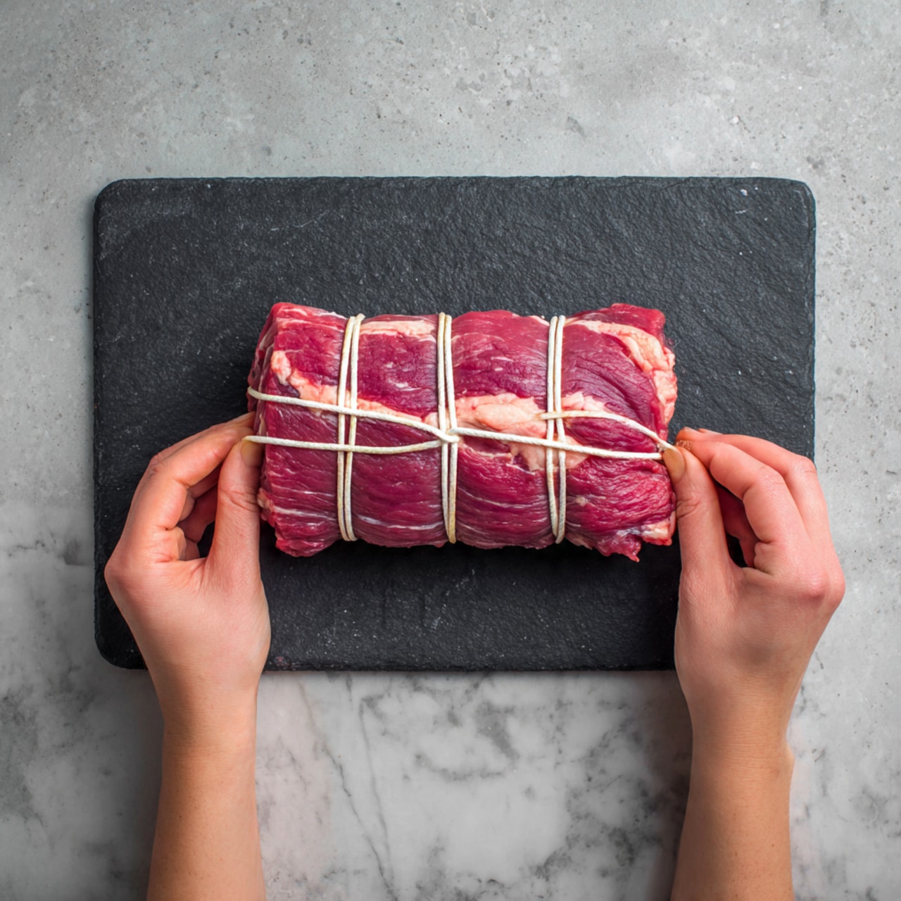 A thick piece of raw red meat is placed on a dark gray cutting board with a white marbled surface underneath. The meat has visible light pink fat running through it and is being tied neatly with white kitchen string, wrapped horizontally in several loops and one vertical loop. Two woman's hands are carefully holding and tying the string around the meat. The image focuses closely on the meat and the hands, showing texture and detail on both. Photo taken with an iphone --ar 4:5 --v 7